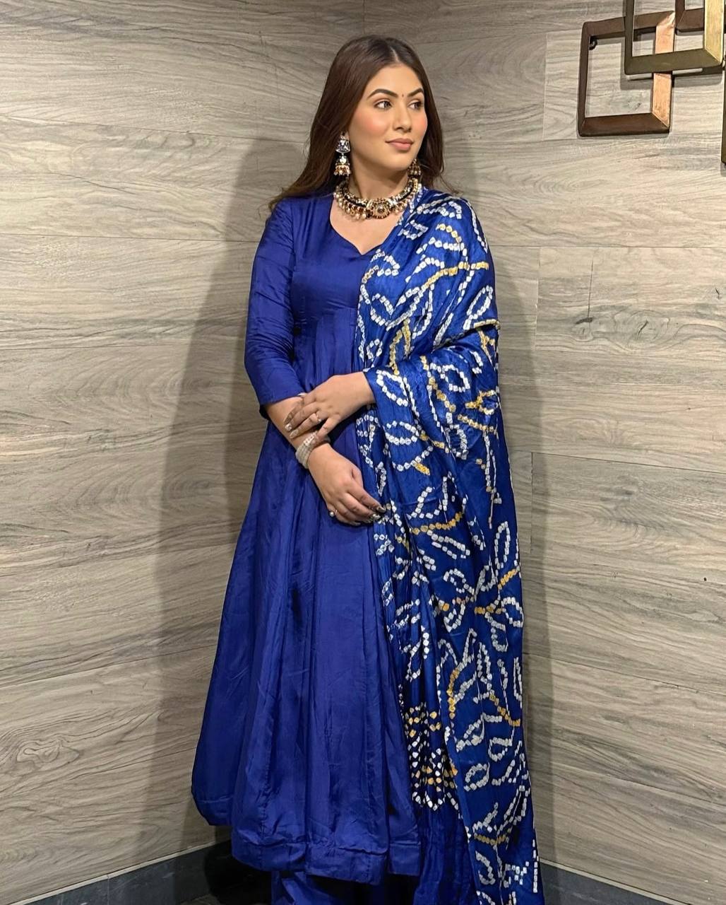 Blue Regal Chinon Silk Anarkali Gown with Digital Print Dupatta