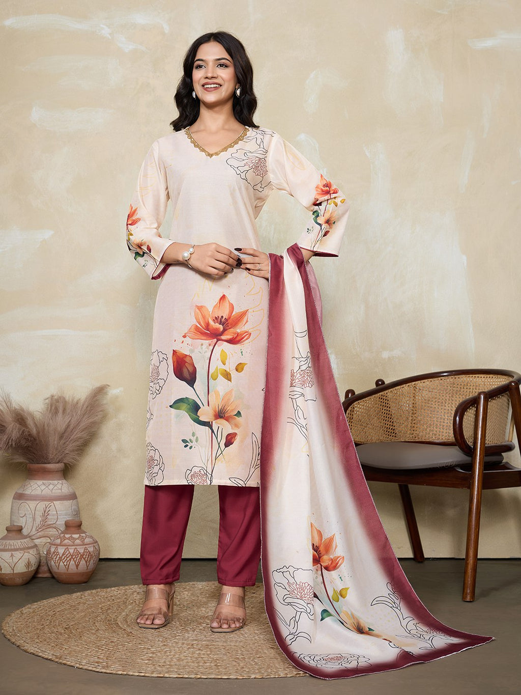 Suzuki Floral Printed V-Neck Straight Kurta With Trousers & Dupatta