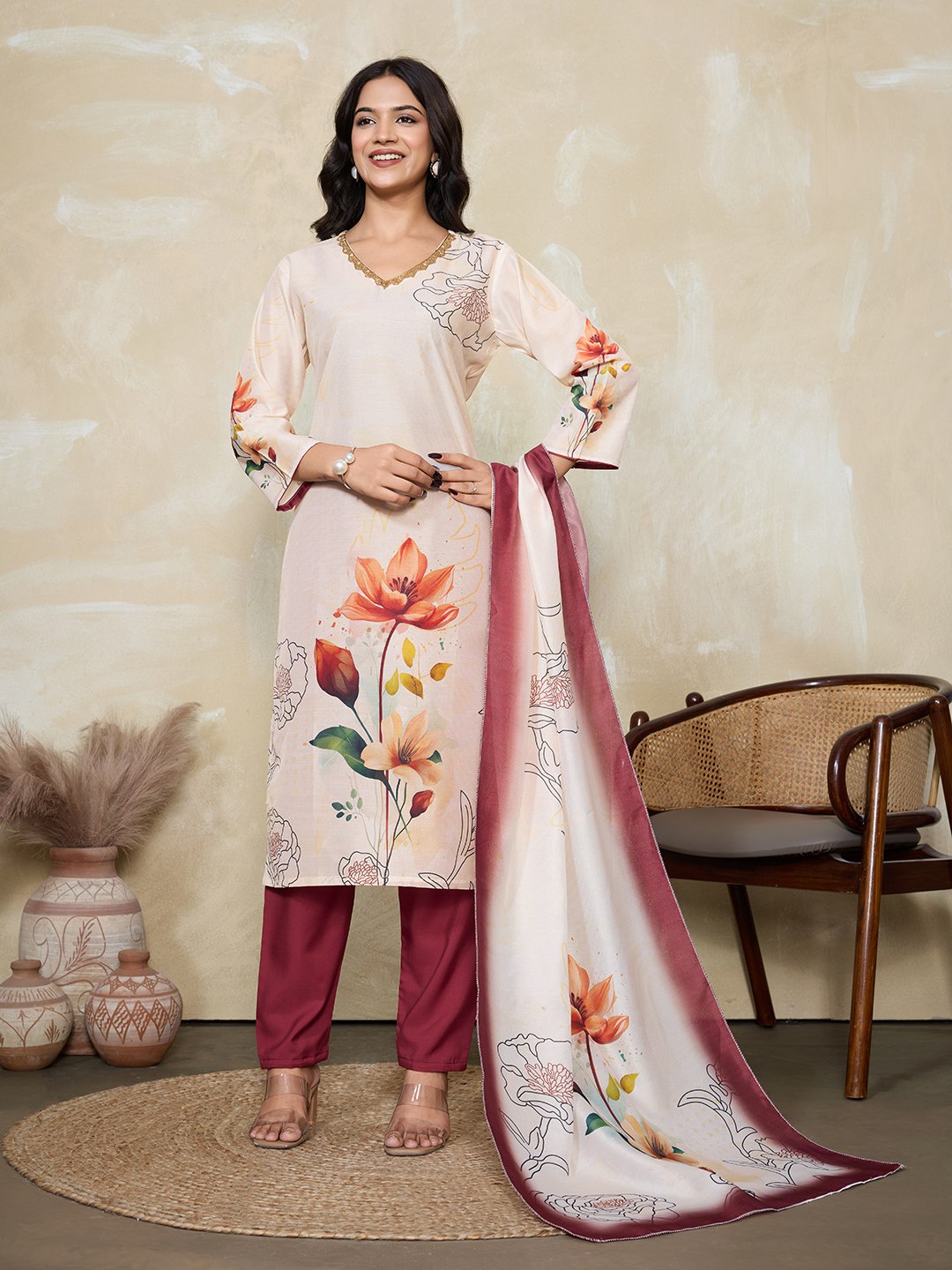 Suzuki Floral Printed V-Neck Straight Kurta With Trousers & Dupatta