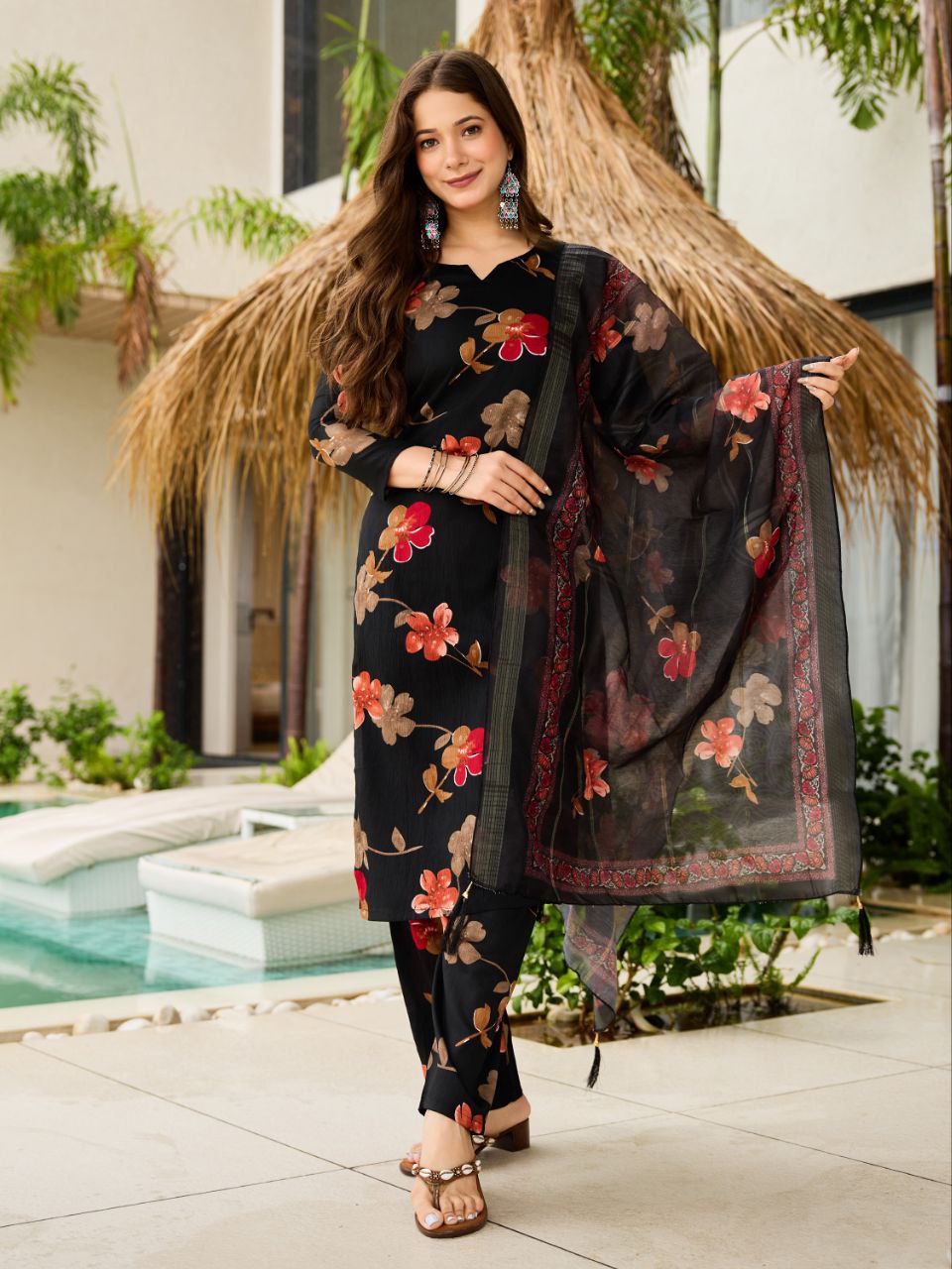 Women Silk Blend Embroidered Kurta with Trousers & With Dupatta Set