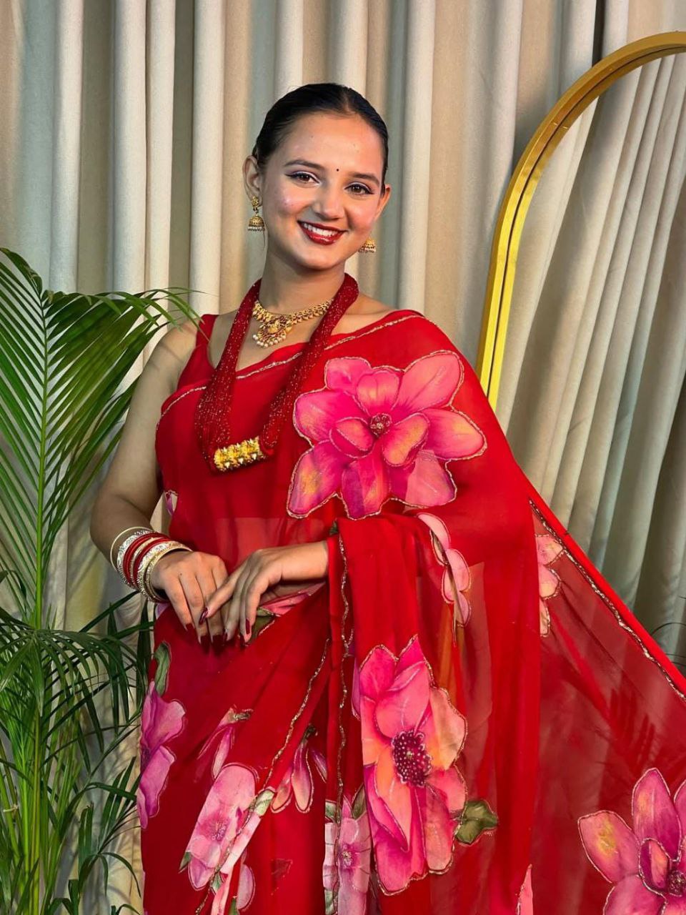 Soft Georgette Saree with Floral Print & Handwork Cutdana with Raw Silk Blouse