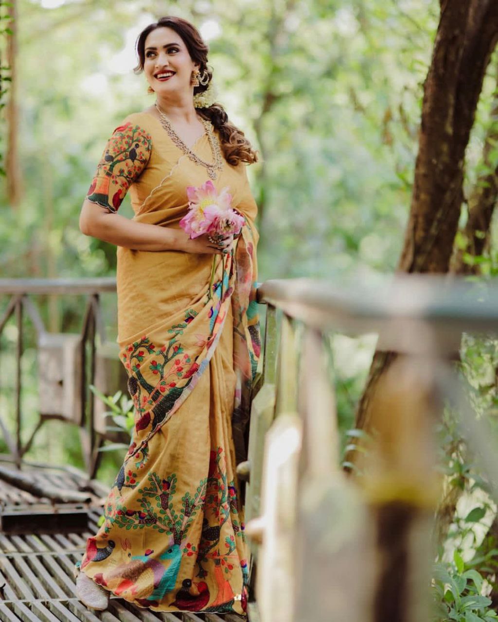 Handloom Tussar Silk Saree with Kalamkari Digital Print & Printed Blouse