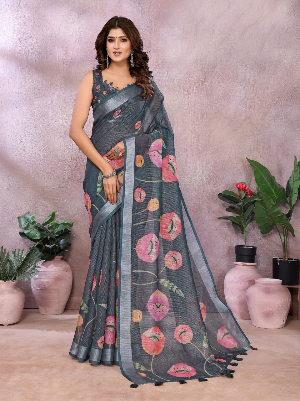 Black Linen Shimmer Saree with Printed Floral Design & Peach Tassel Border