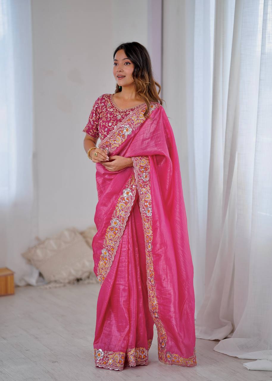 Premium Gold Crush Silk Saree with Heavy Embroidery & Sequins Work