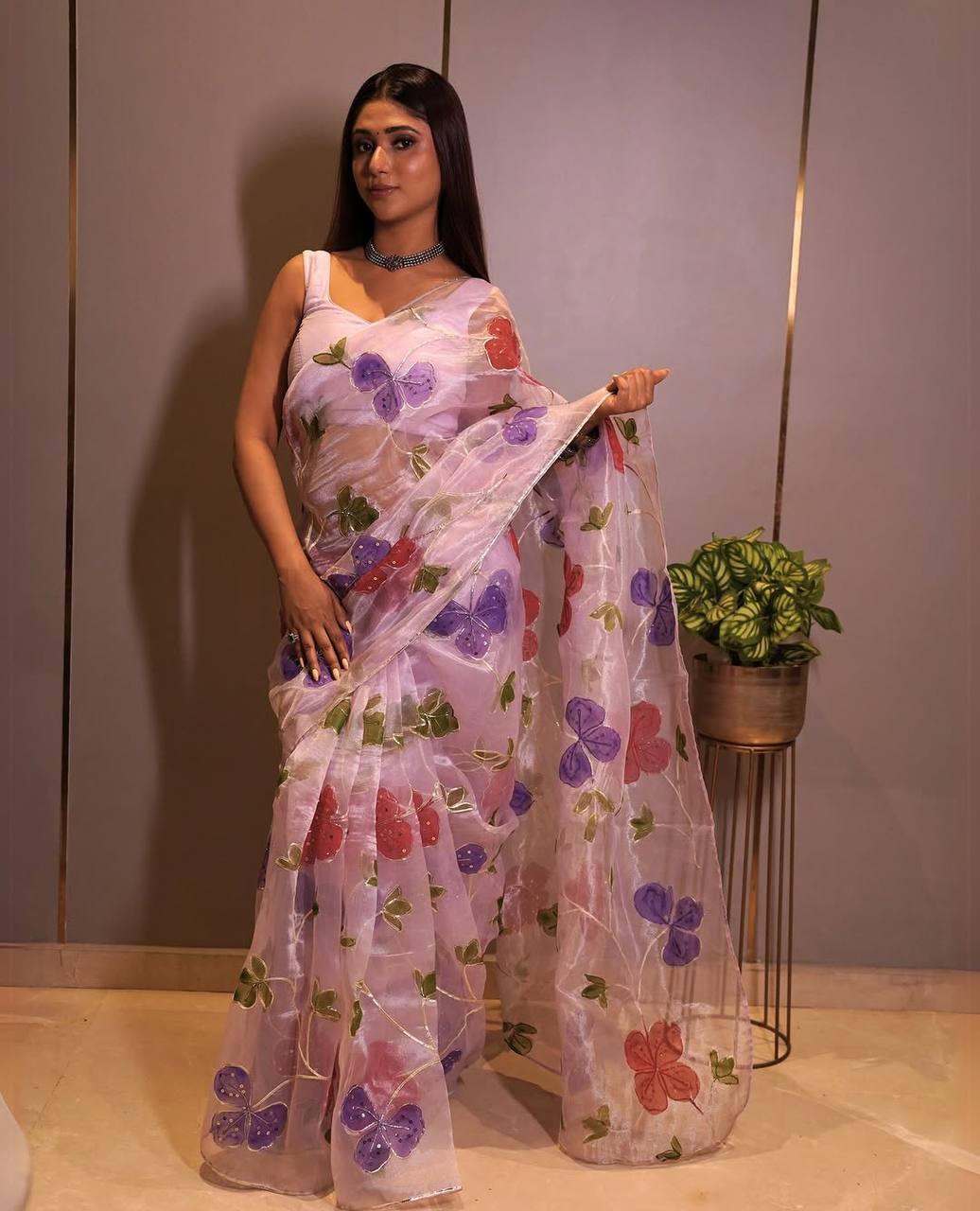 Lilac Floral Printed Organza Saree with Sequin Handwork and Silk Blouse