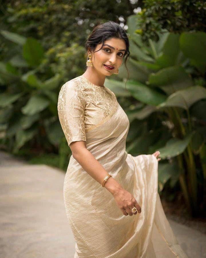 White Organza Saree with Golden Zari Stripes and Brocade Jacquard Blouse