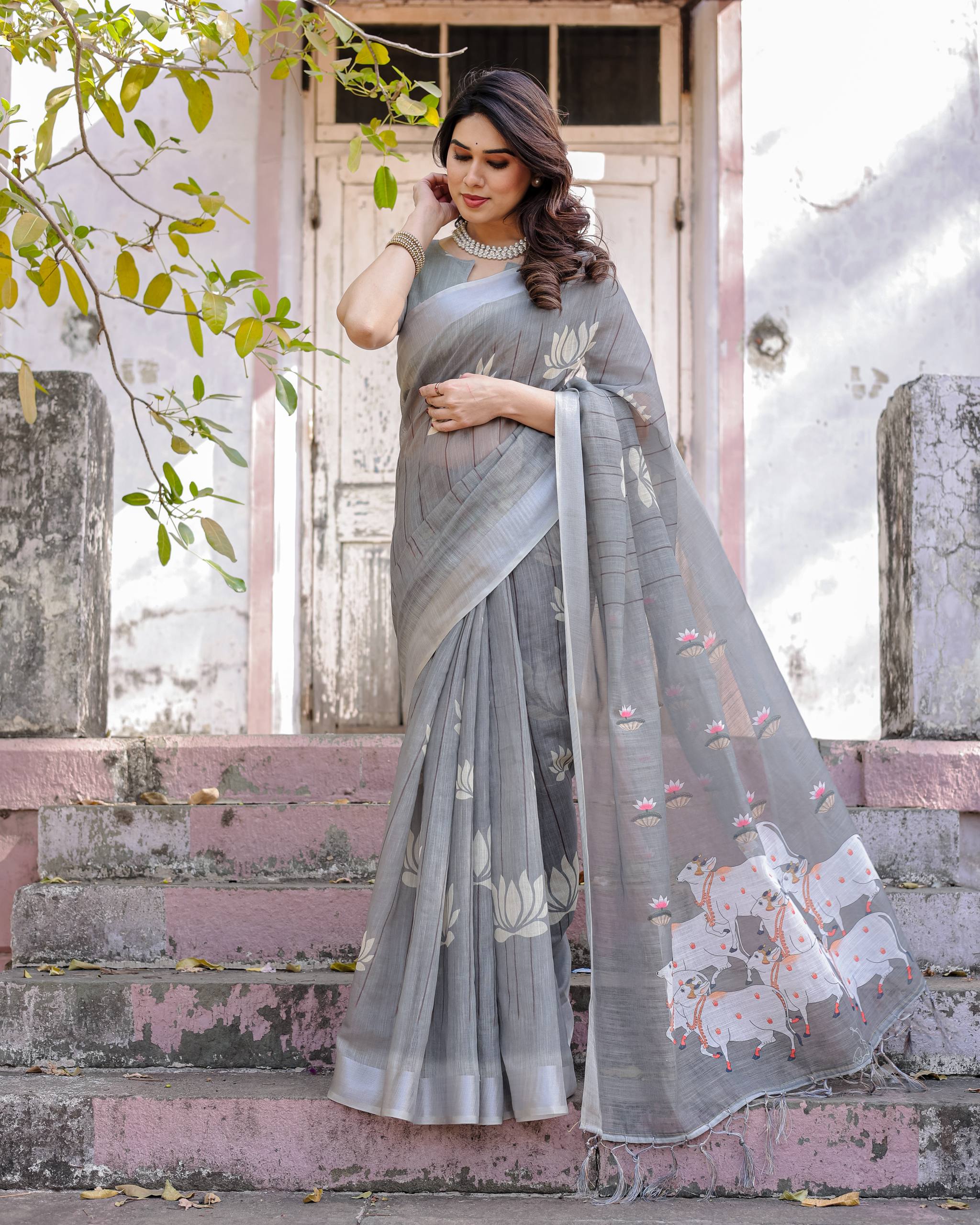 South Hit Printed Linen Cotton Saree with Blouse
