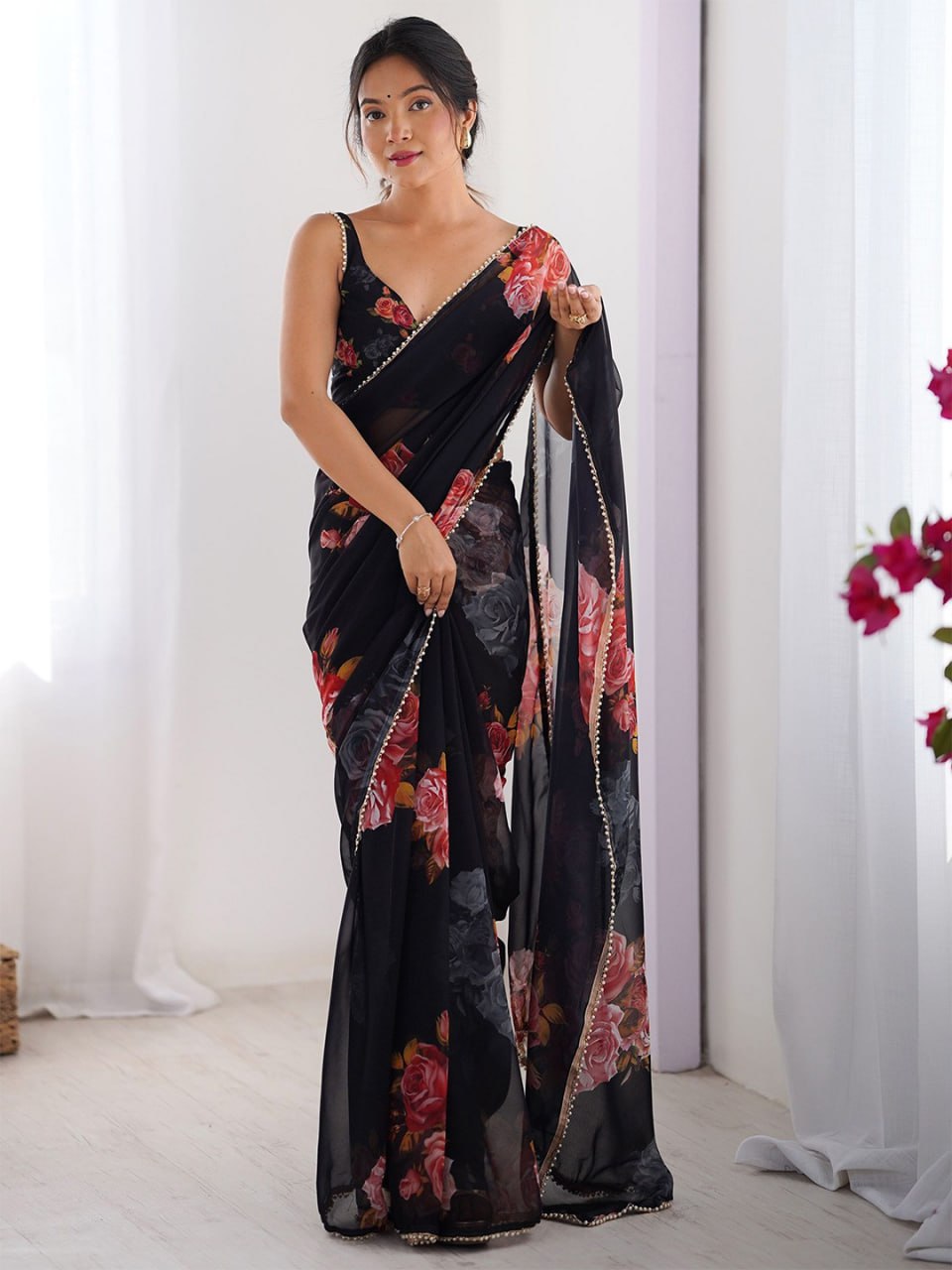 Black Printed Georgette Saree with Moti Lace & Satin Patta Blouse