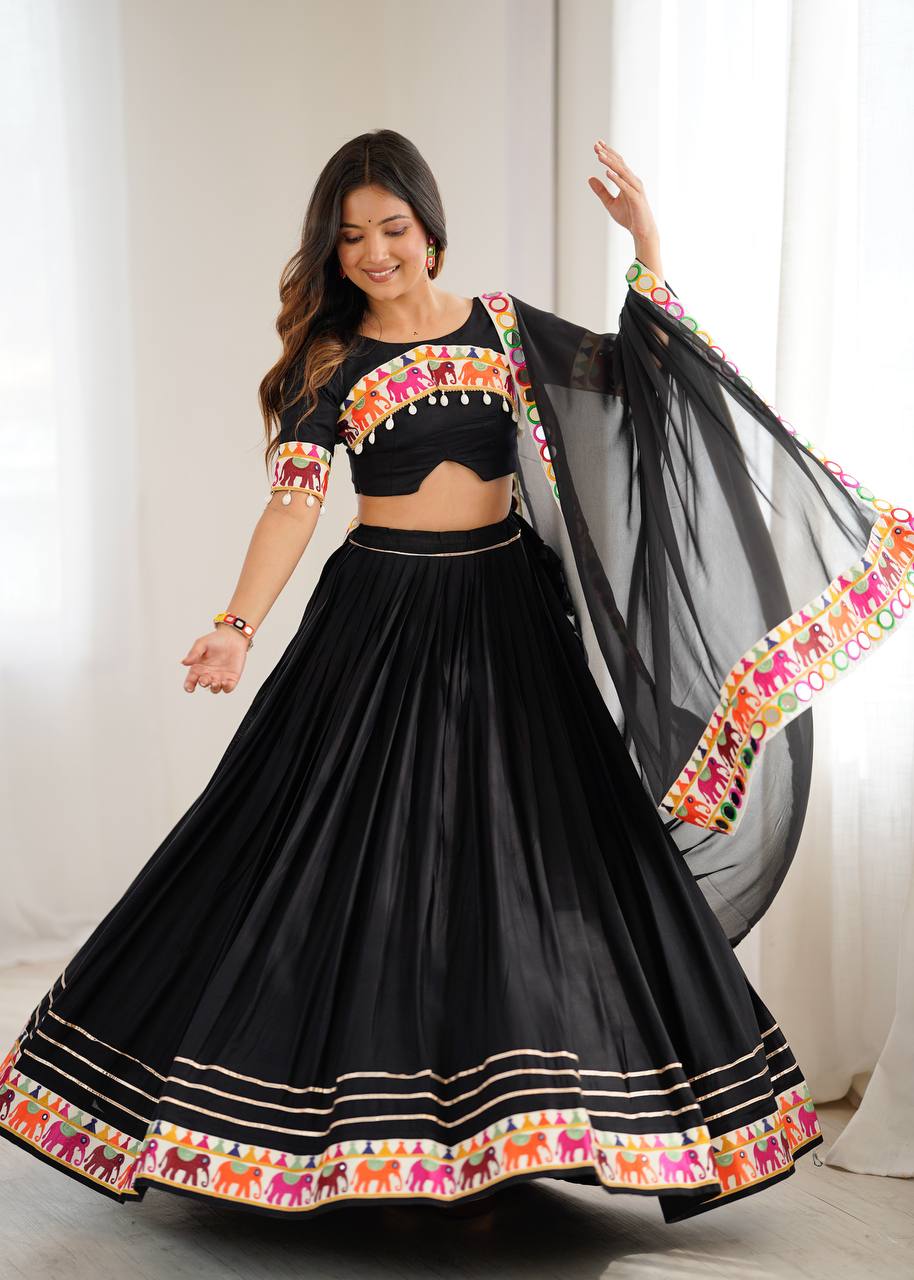 Black Heavy Rayon Lehenga with Gamthi, Real Mirror & Tassel Work