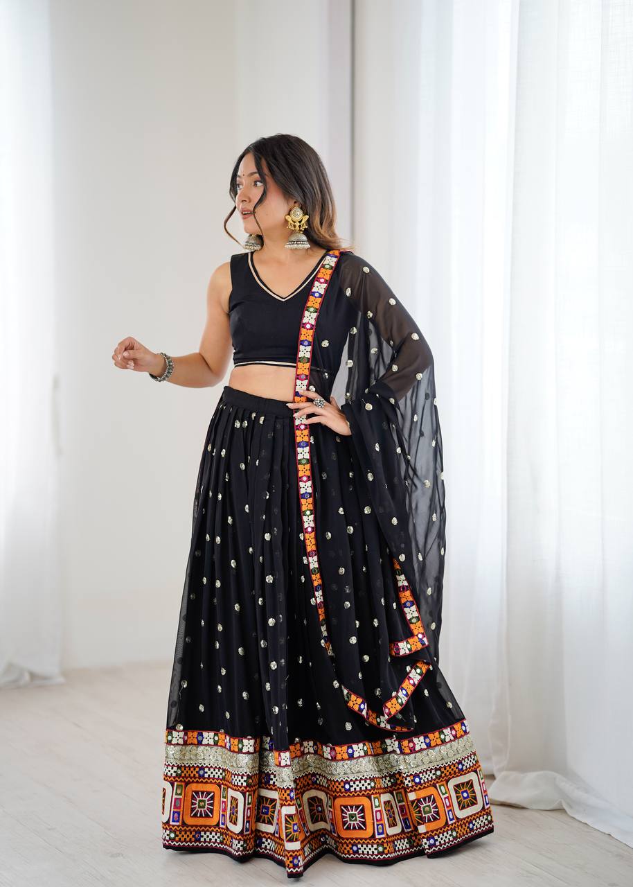 Black Designer Faux Georgette Lehenga Choli Set with Real Mirror & Chain Stitch Work