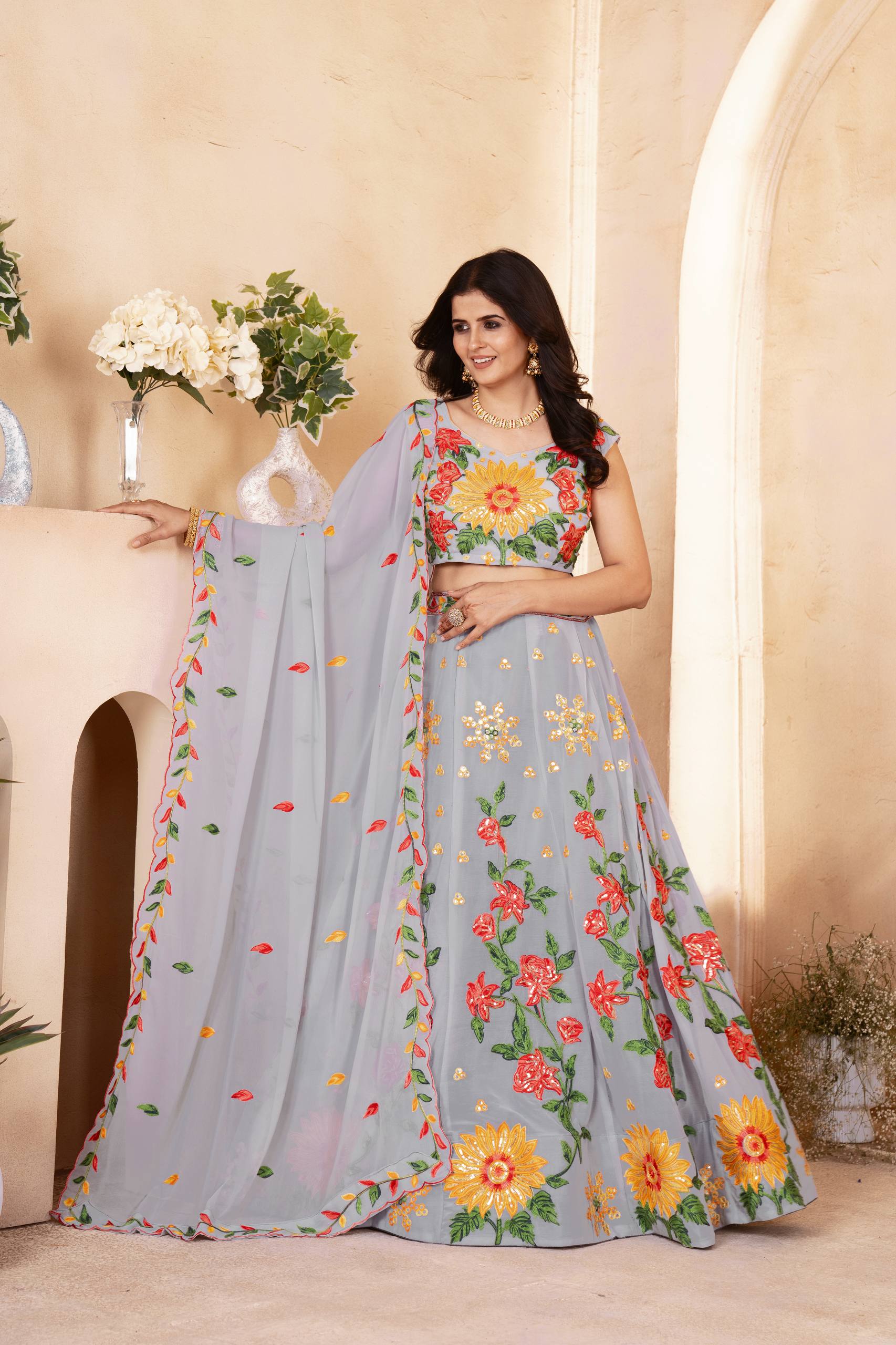 Light Blue Georgette Embroidery Bridal Lehenga
