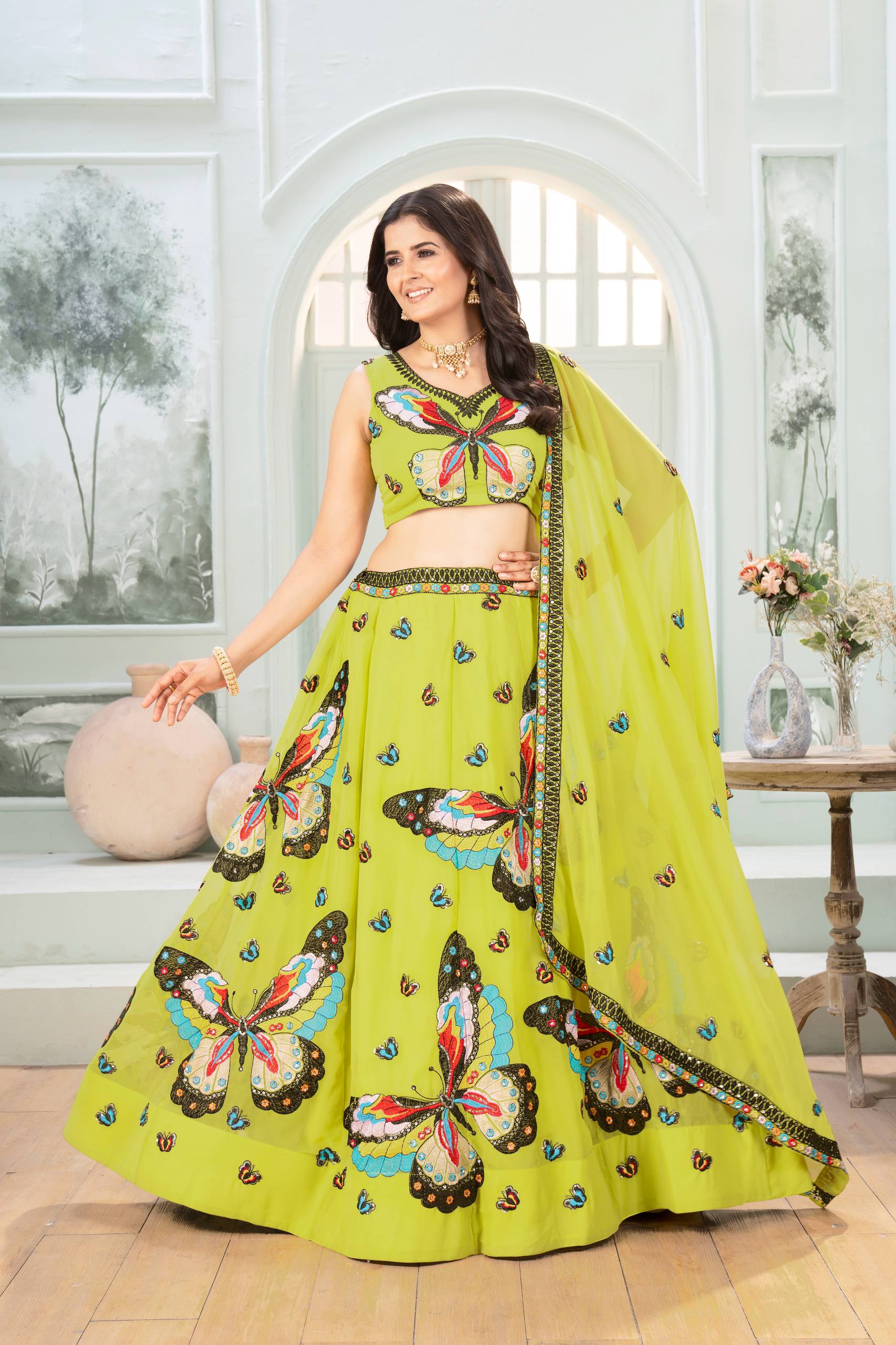 Colorful Faux Georgette Lehenga with Butterfly Work Designer Look for Celebrations