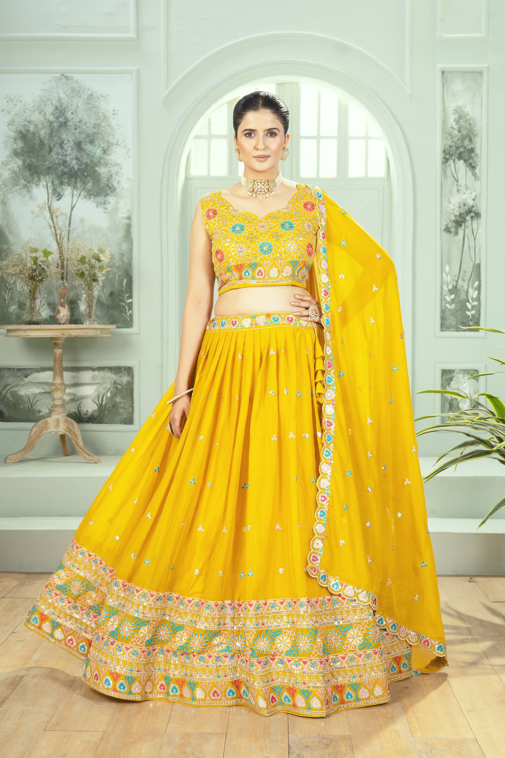 Haldi Special Yellow Color Georgette Embroidery Sequence Work Designer Lehenga Choli