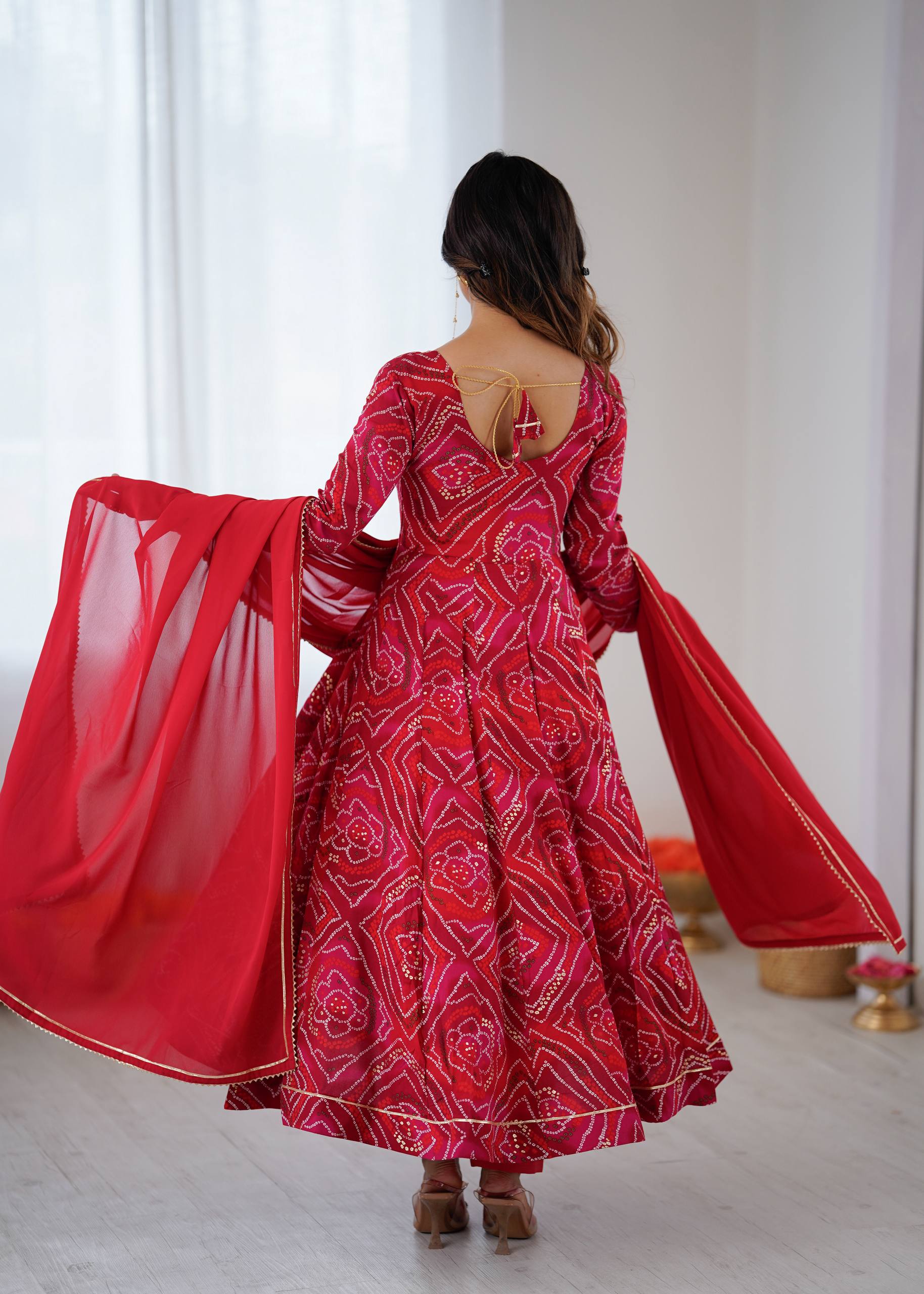 Bandhani Printed Sweetheart Neck Anarkali Kurta With Trousers & Dupatta