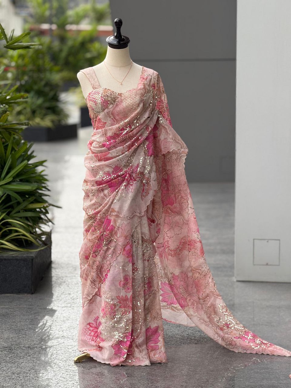 Pure Jimmy Organza Digital Printed Saree with Sequins Work & Unstitched Blouse