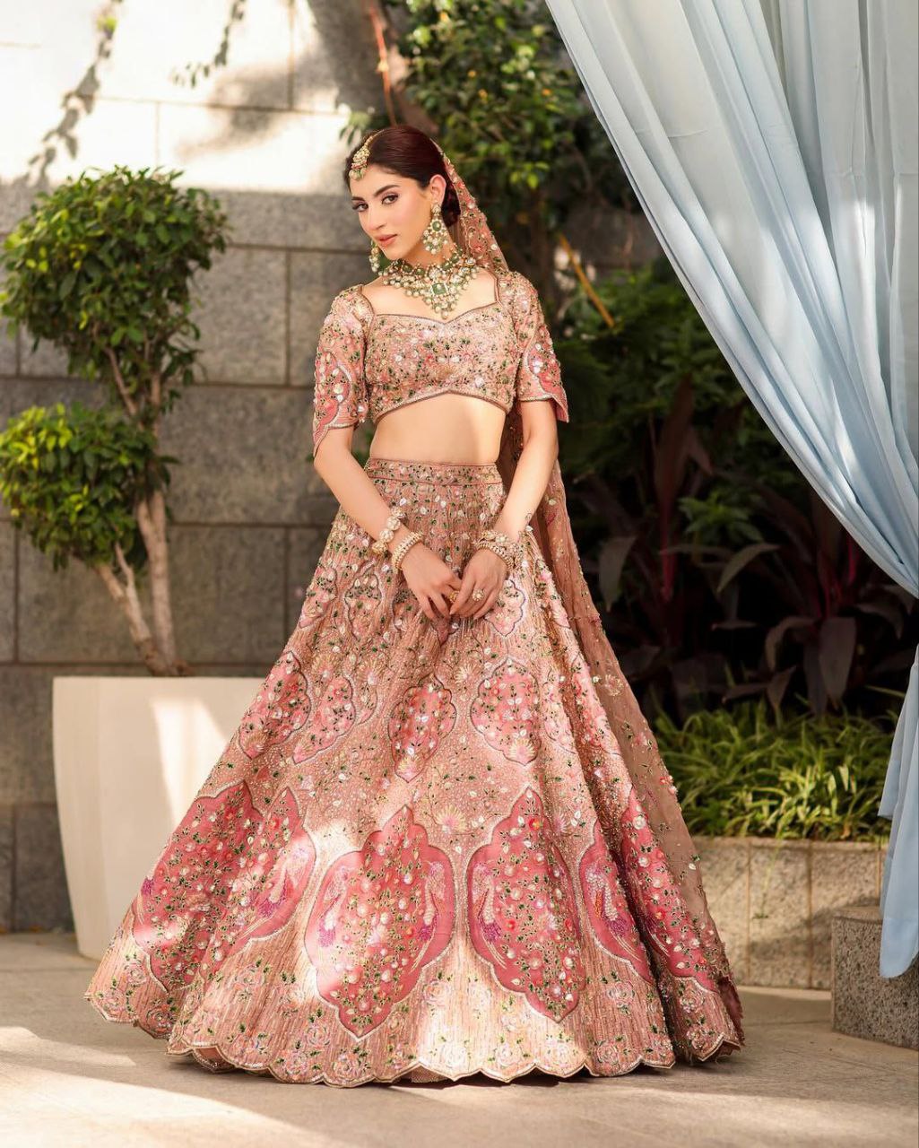 Designer Slub Silk Embroidered Peach Pink Elegance Lehenga