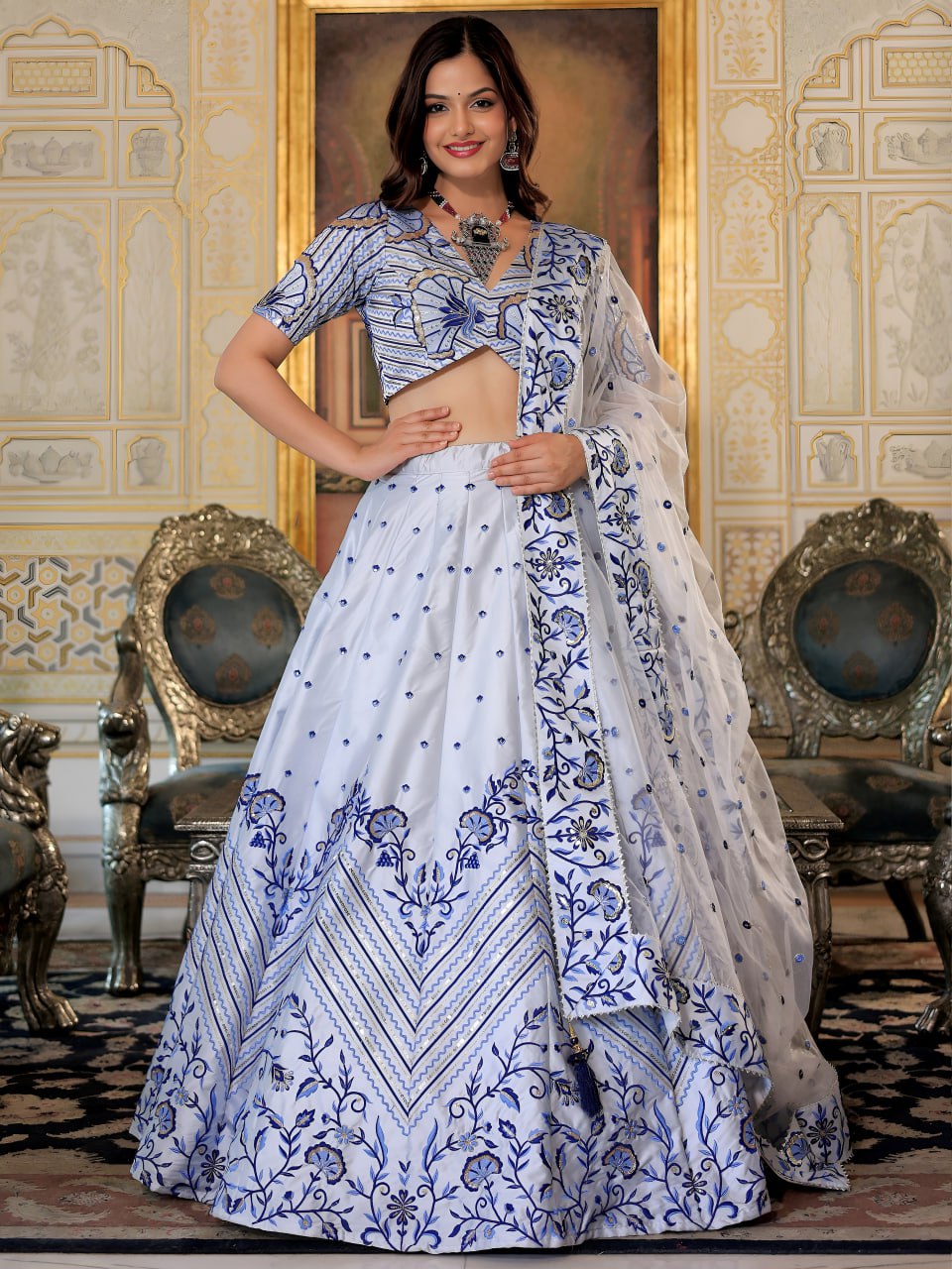White and Blue Heritage Lehenga Set