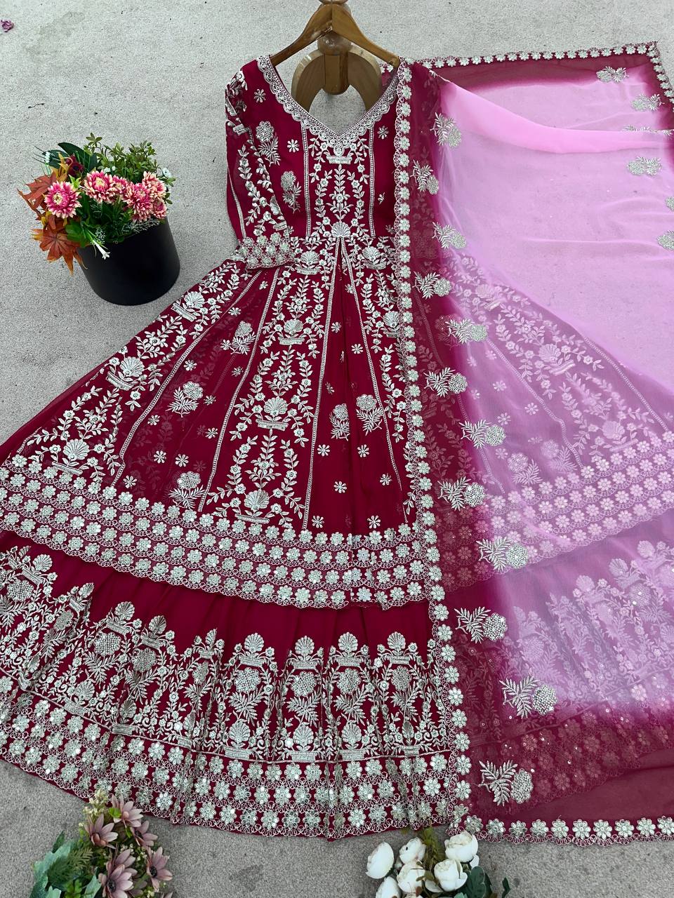 Designer Faux Georgette Gown & Lehenga Set with Embroidery Sequins & Dupatta