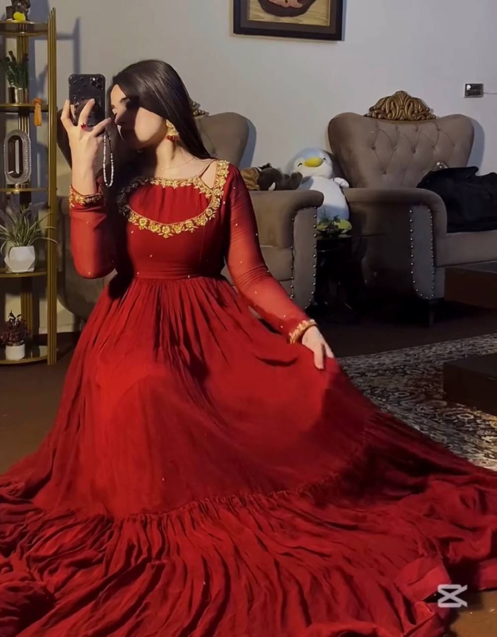 Designer Faux Georgette Party Wear Gown Set with Dupatta & Bottom – Embroidery and Sequins Work