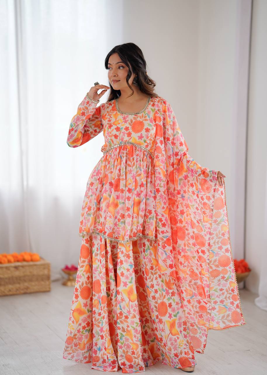 Designer Taby Organza Kediya Kurta Set with Palazzo & Dupatta – Floral Print & Mirror Lace