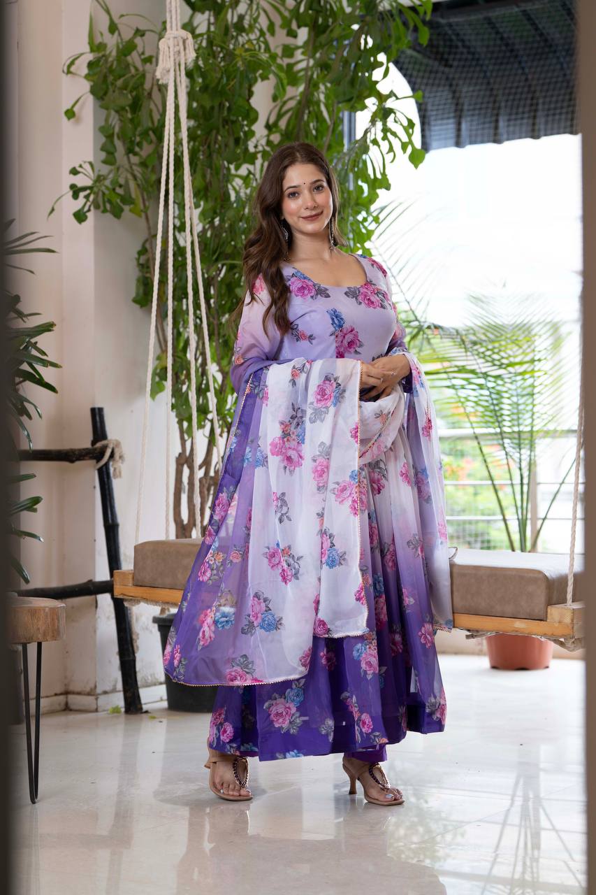 Designer Umbrella Suit Set with Dupatta & Pant – Lightweight Organza Floral Print