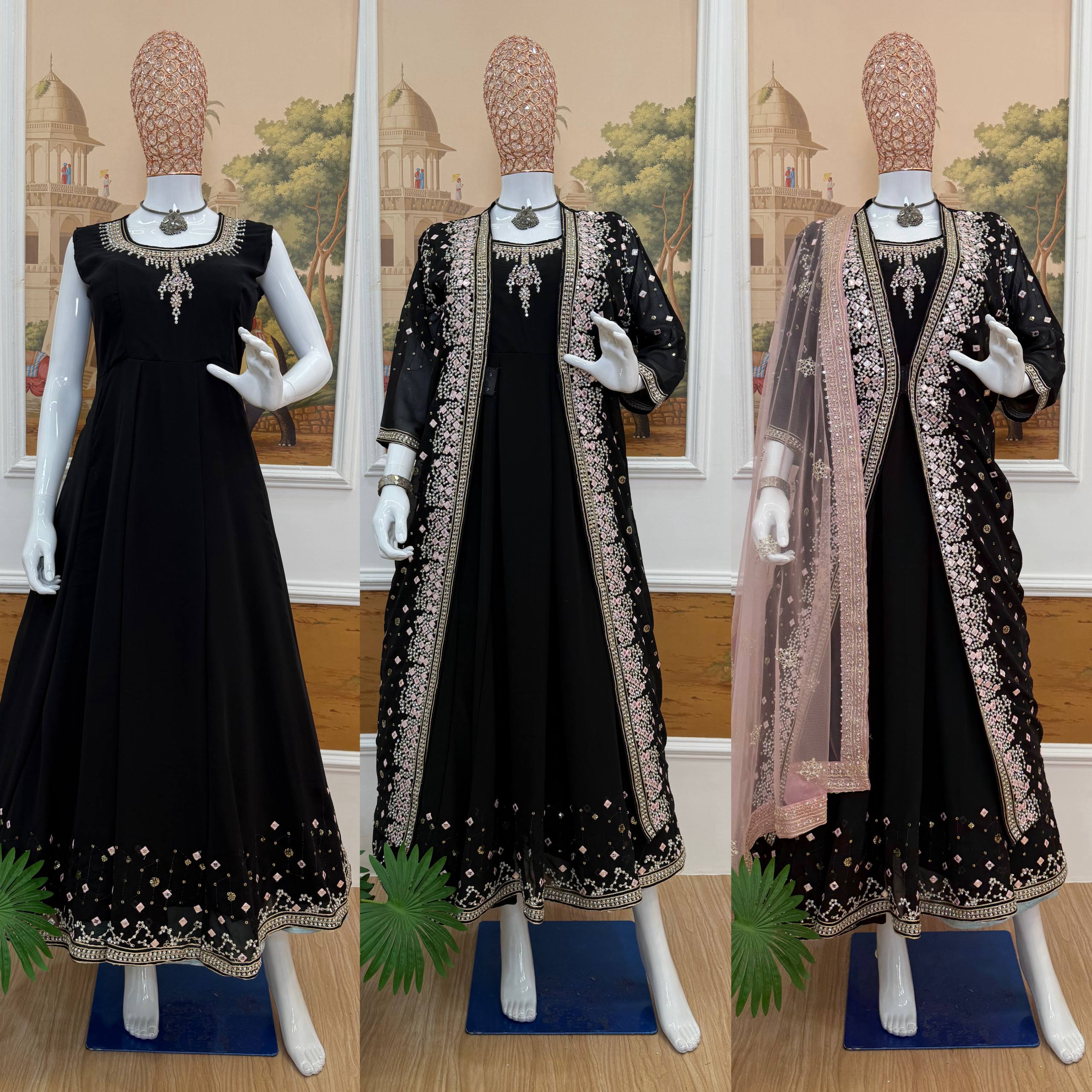 Designer Faux Georgette Gown, Koti & Dupatta Set – Embroidery & Crystal Stone Work