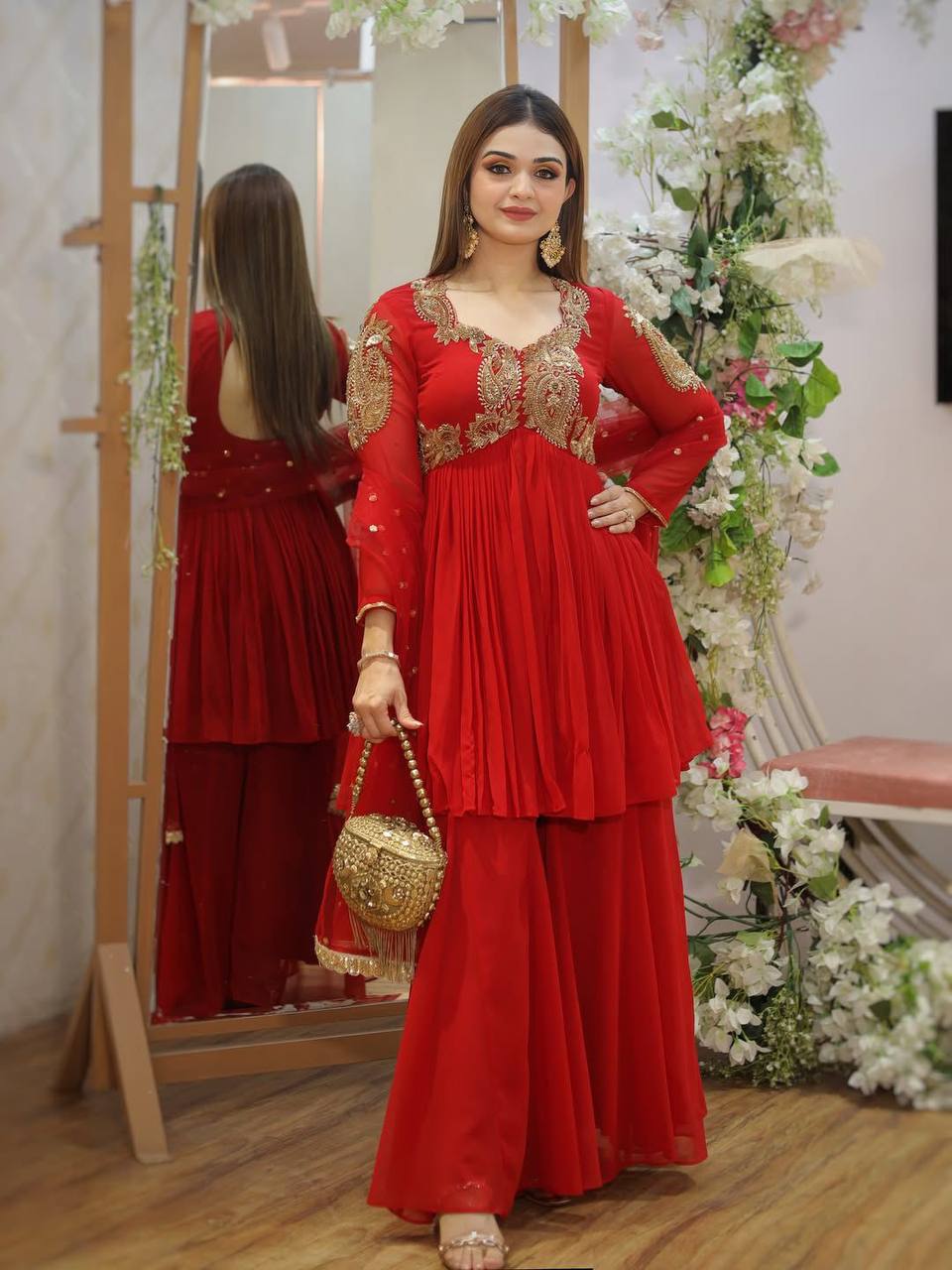 Exclusive One-Piece Cowl Dress Set with Shrug – Chinon Fabric with Sequence Embroidery