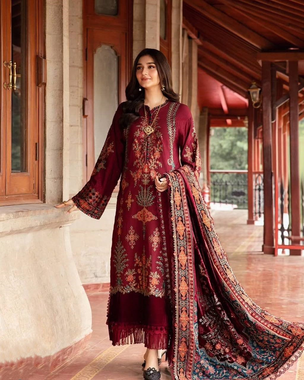 Designer Roman Silk Top with Pant & Dupatta – Embroidery & Sequence Work