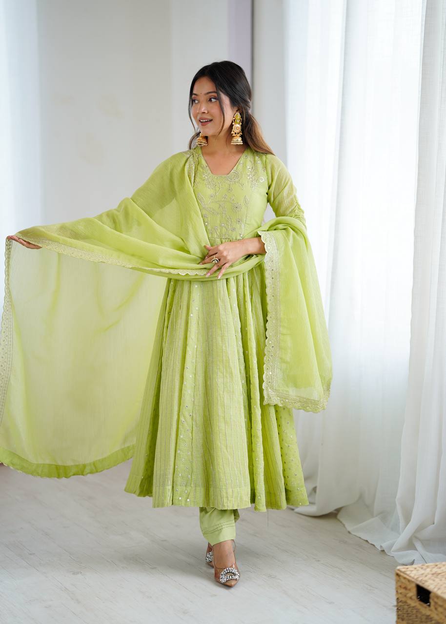 Designer Anarkali Gown Set with Pant & Dupatta – Crunchy Silk with Embroidery & Sequence Work