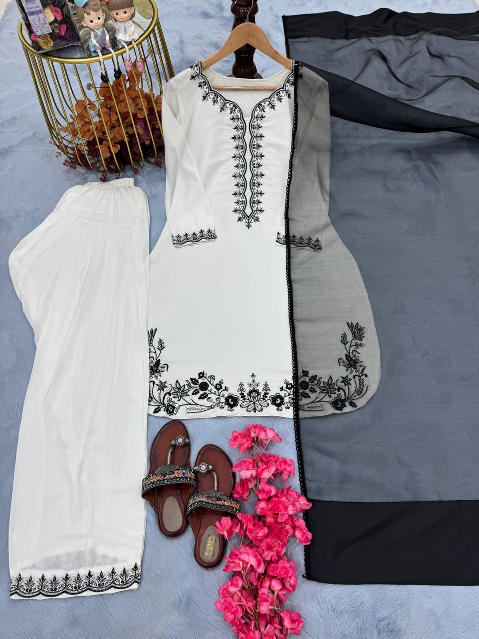 Designer Natural Crepe Top with Farshi Plazzo & Dupatta – Beads, Embroidery & Sequence Work