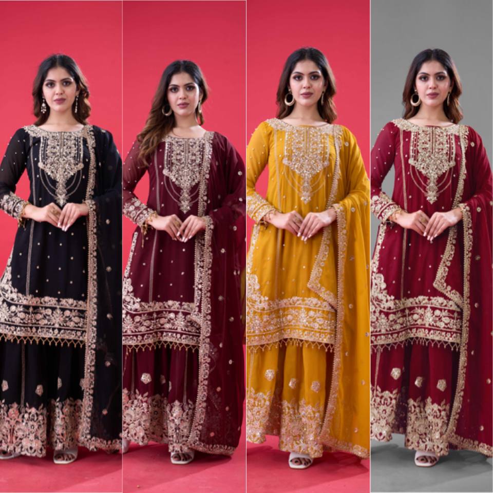 Designer Faux Georgette Top & Plazzo Set with Dupatta – Heavy Embroidery, Dori & Sequence Work