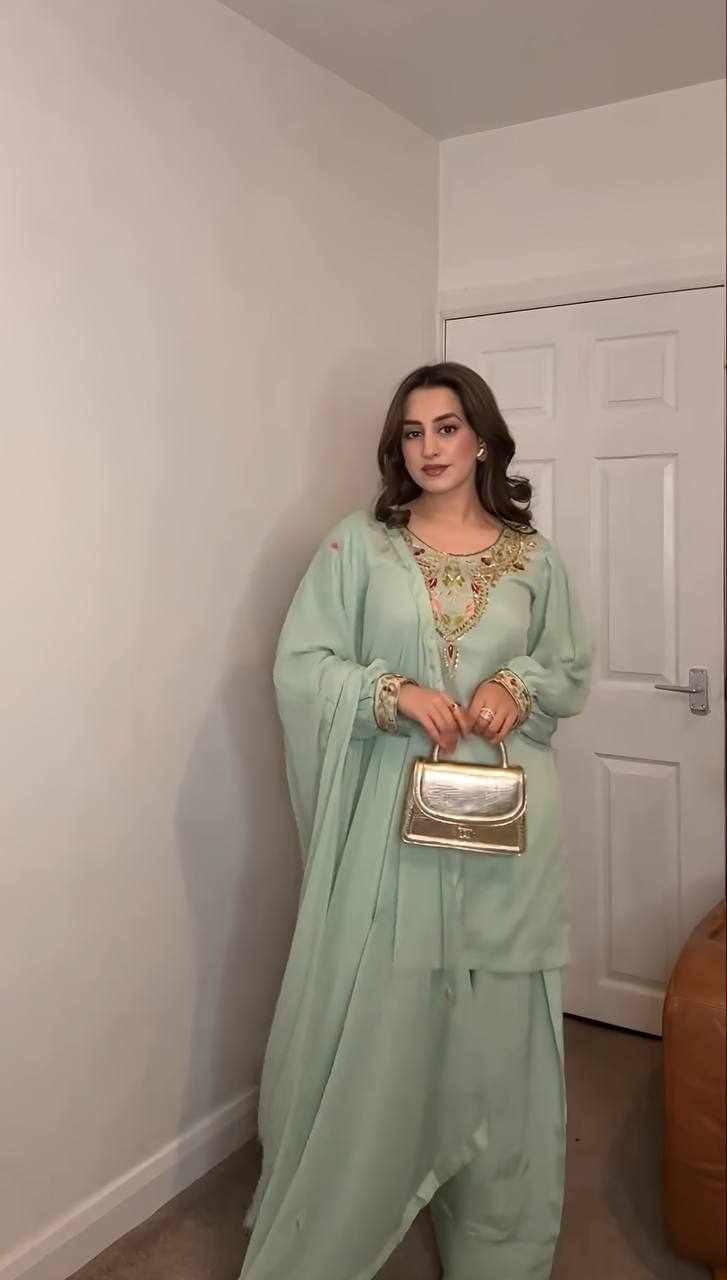 Designer Faux Georgette Top & Plazzo Set with Dupatta – Embroidery & Sequence Work