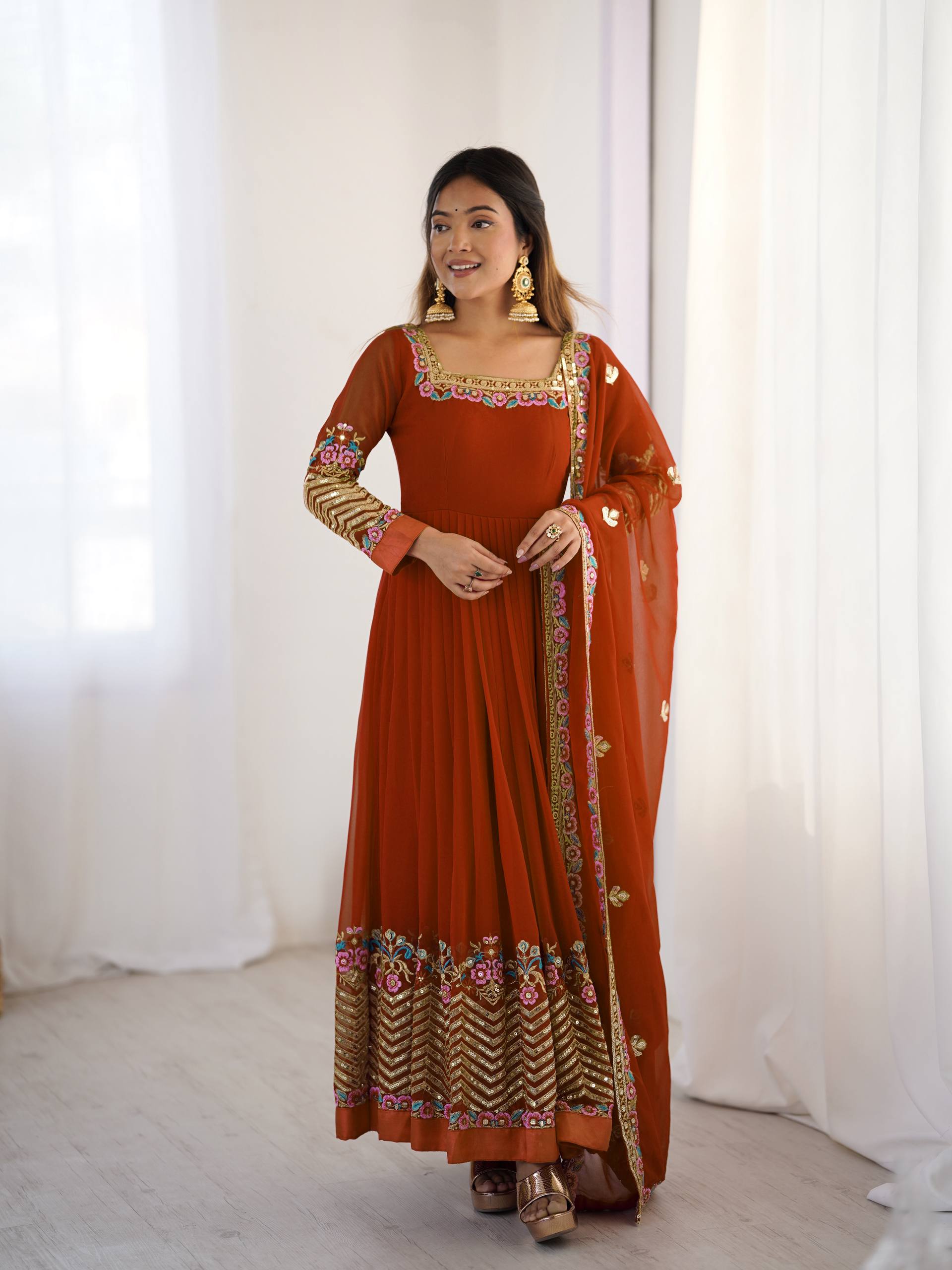 Designer Heavy Georgette Gown Set with Bottom & Dupatta – Multi Thread Embroidery & Sequence Work