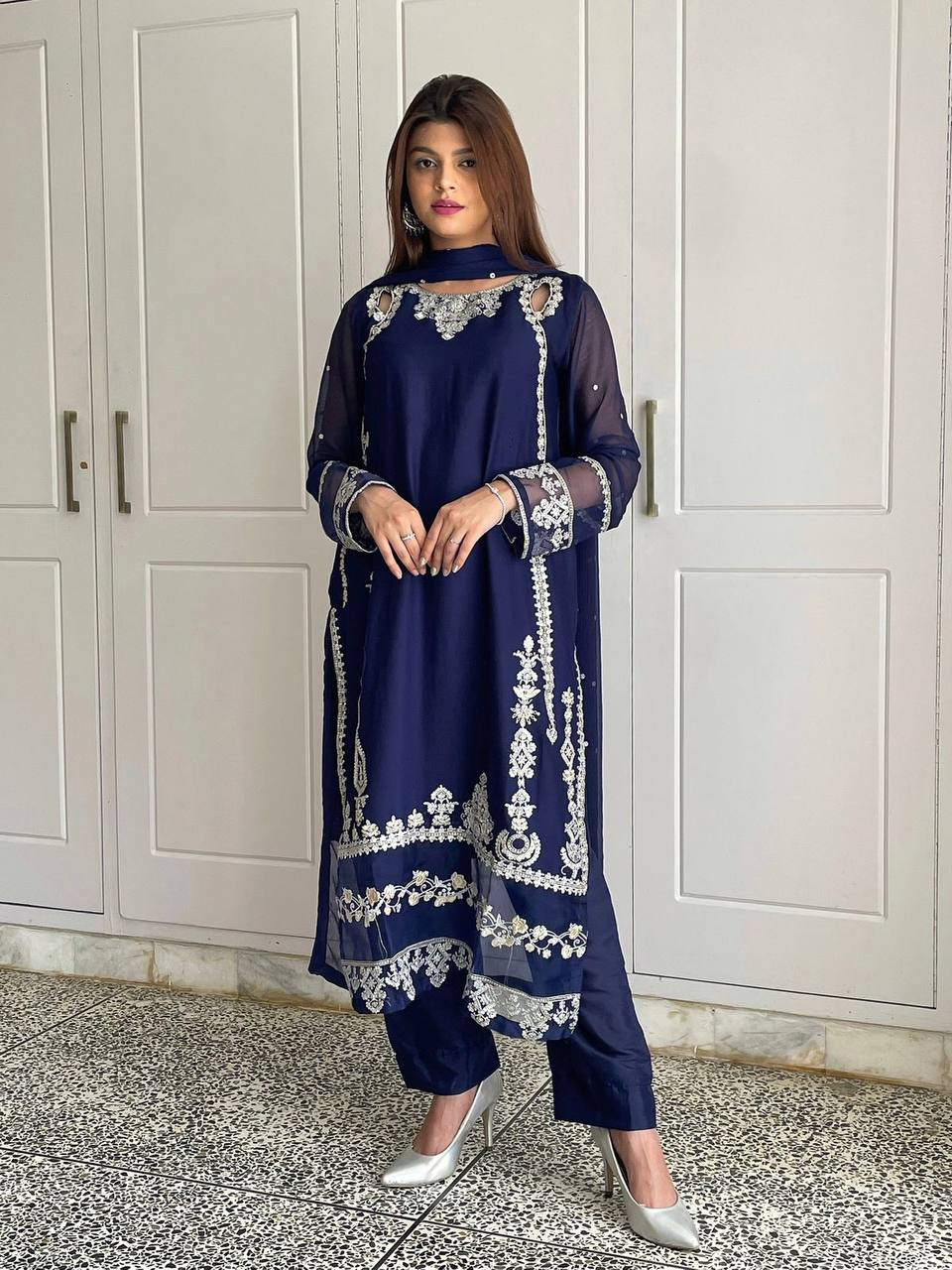 Designer Faux Georgette Top & Bottom Set with Dupatta – Heavy Embroidery & Sequence Work