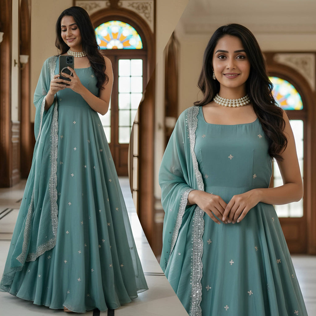Modern Pastel Teal Anarkali Gown with Dupatta And Embroidery Work