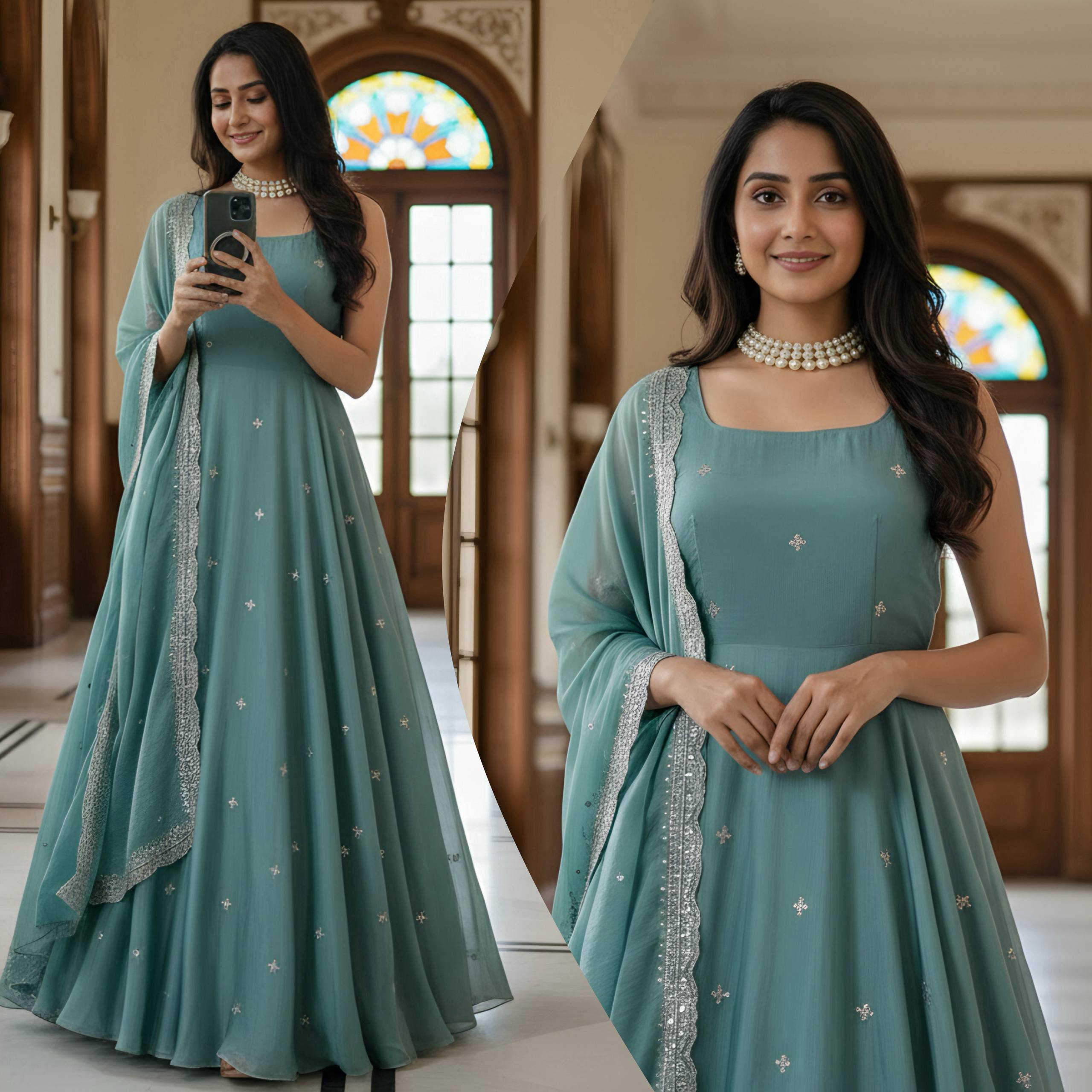 Modern Pastel Teal Anarkali Gown with Dupatta And Embroidery Work