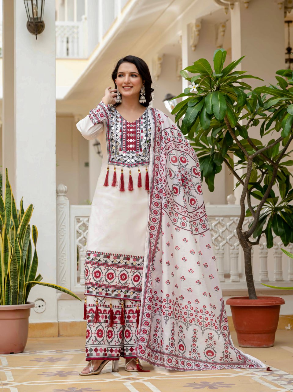 DESIGNER WEAR TRENDING TOP WITH PRINTED WORK AND REAL MIRROR WORK WITH PLAZZO AND DUPATTA SET