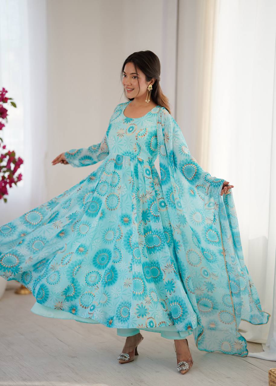 Womens Blue Printed Anarkali Kurta With Trousers & Dupatta