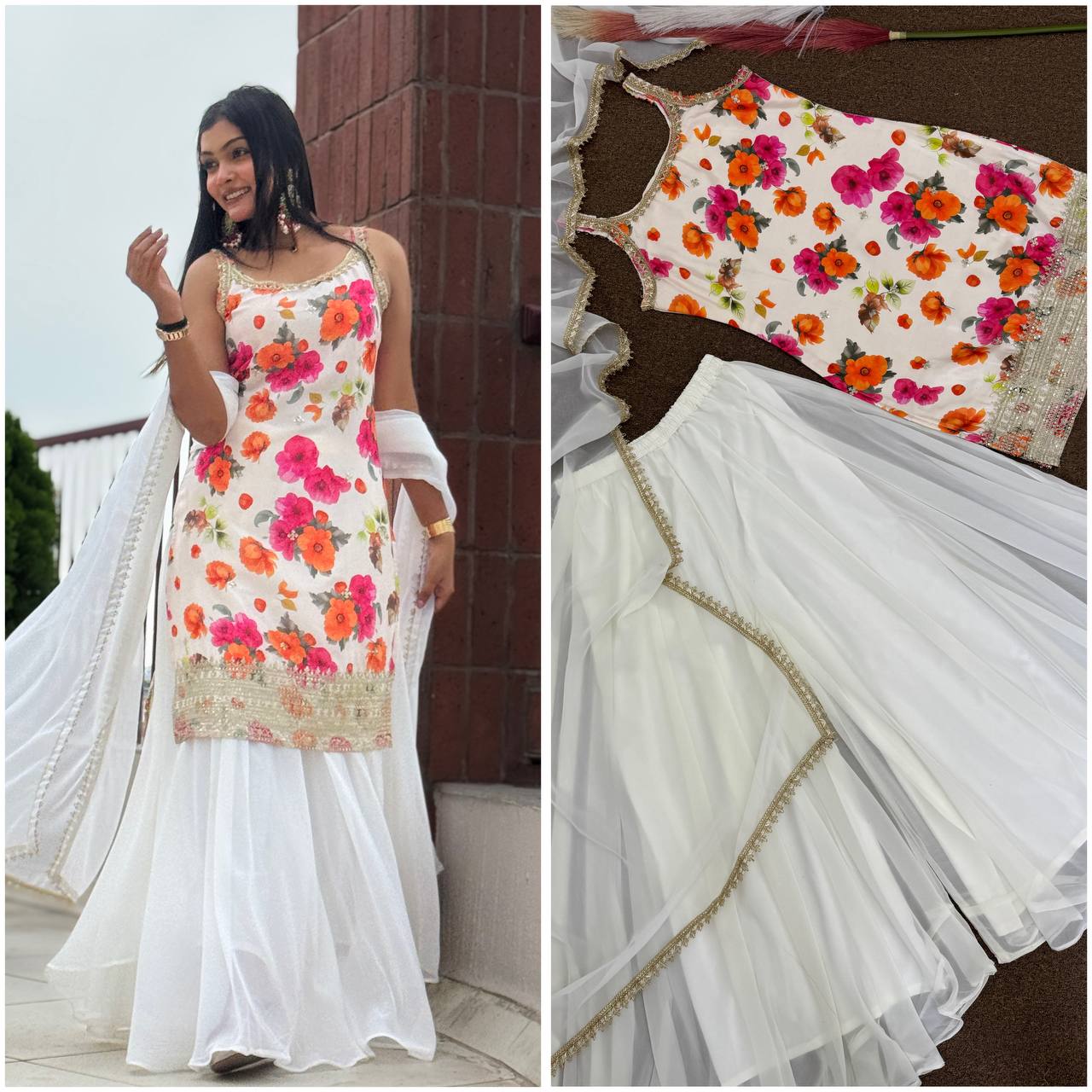 Exclusive  White Chinon Silk Kurti with Flared Plazzo and Lace Dupatta