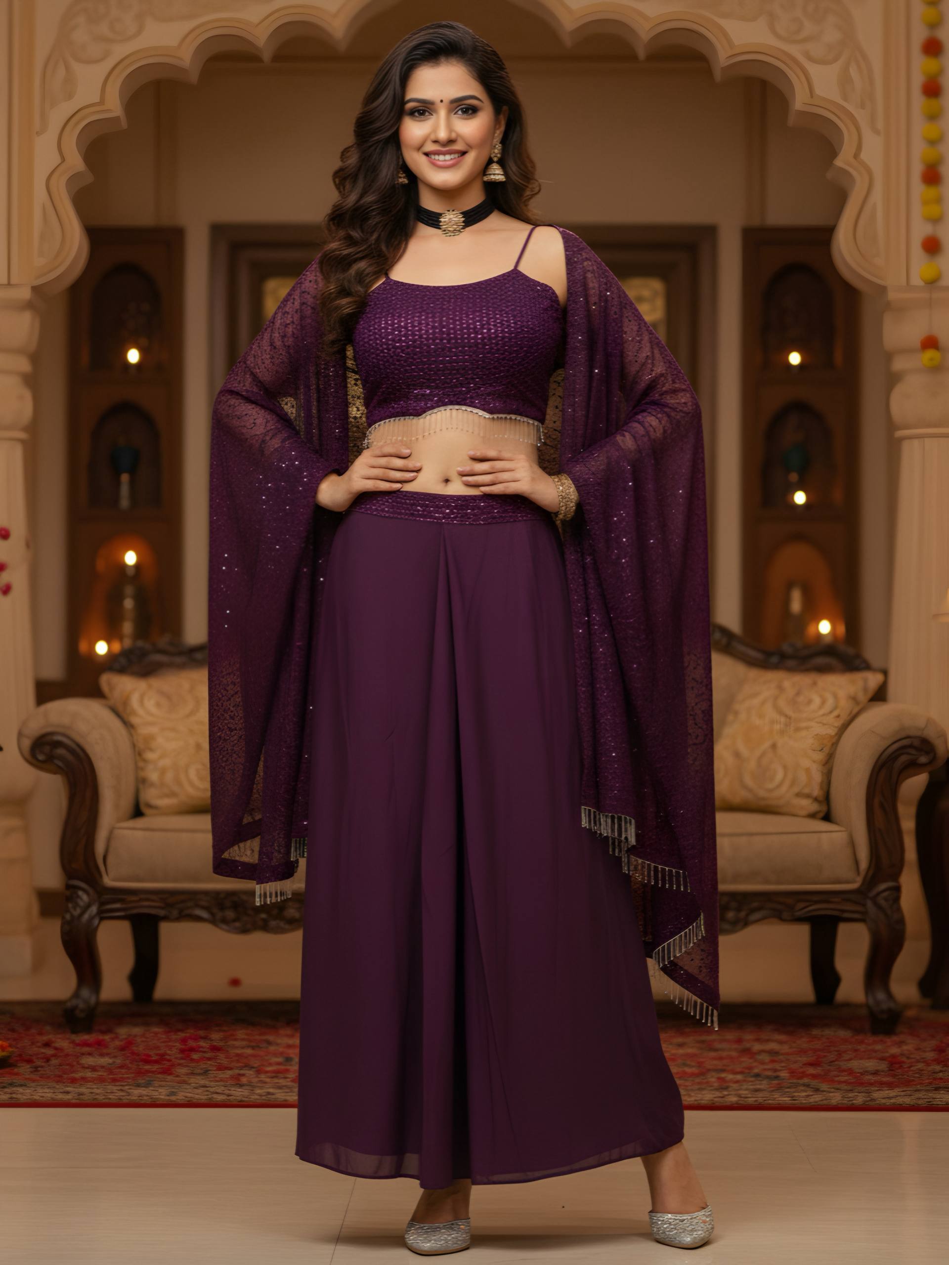 Purple Embroidered Silk Sangeet Readymade Palazzo Set