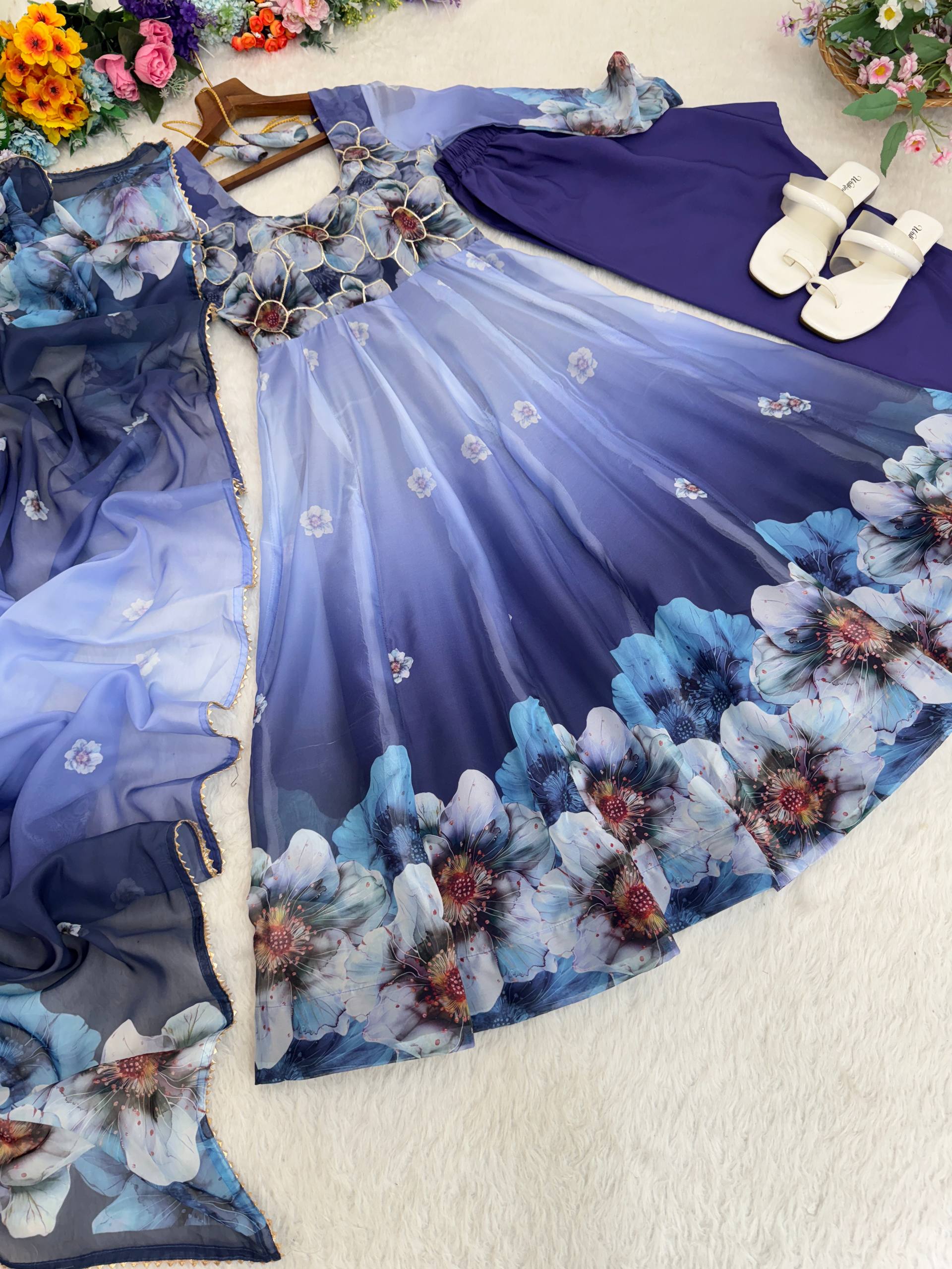 Organza Blue Festival Wear Digital Print Work Readymade Gown