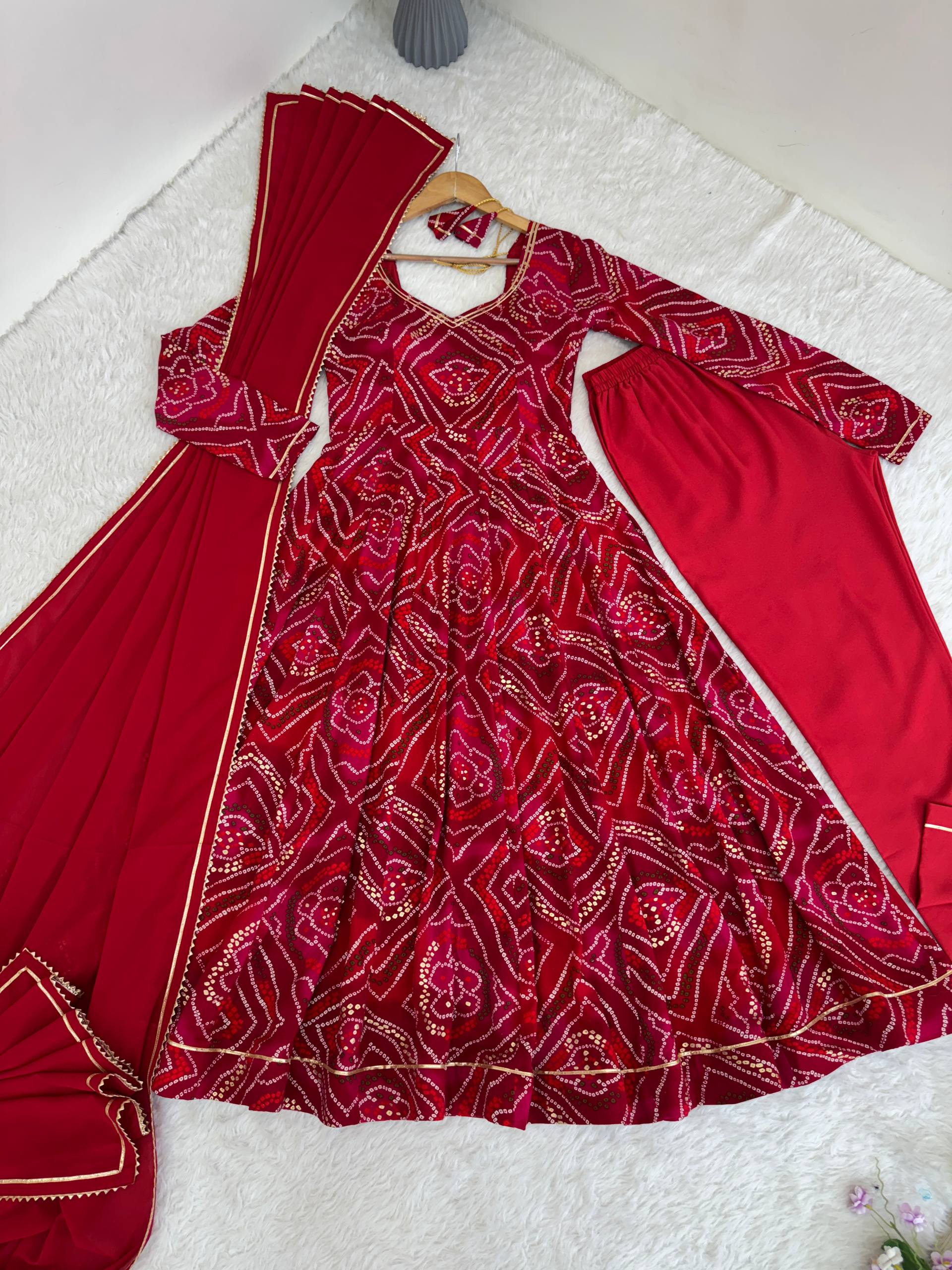 Bandhani Printed Sweetheart Neck Anarkali Kurta With Trousers & Dupatta