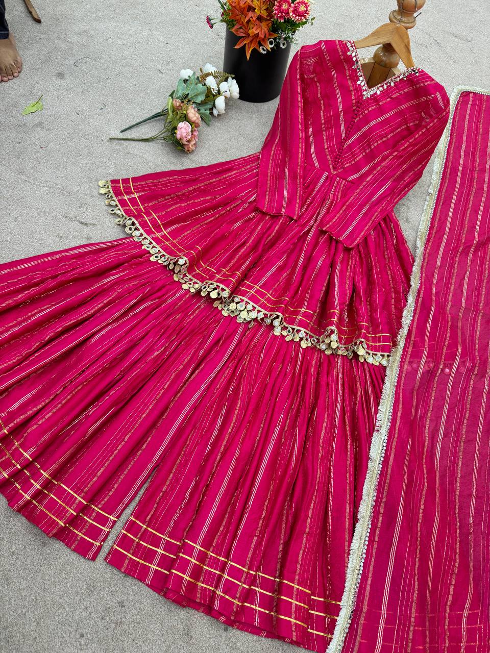 Designer Mal Chanderi Top with Sharara Plazzo & Dupatta – Mirror Work & Hand Embroidery
