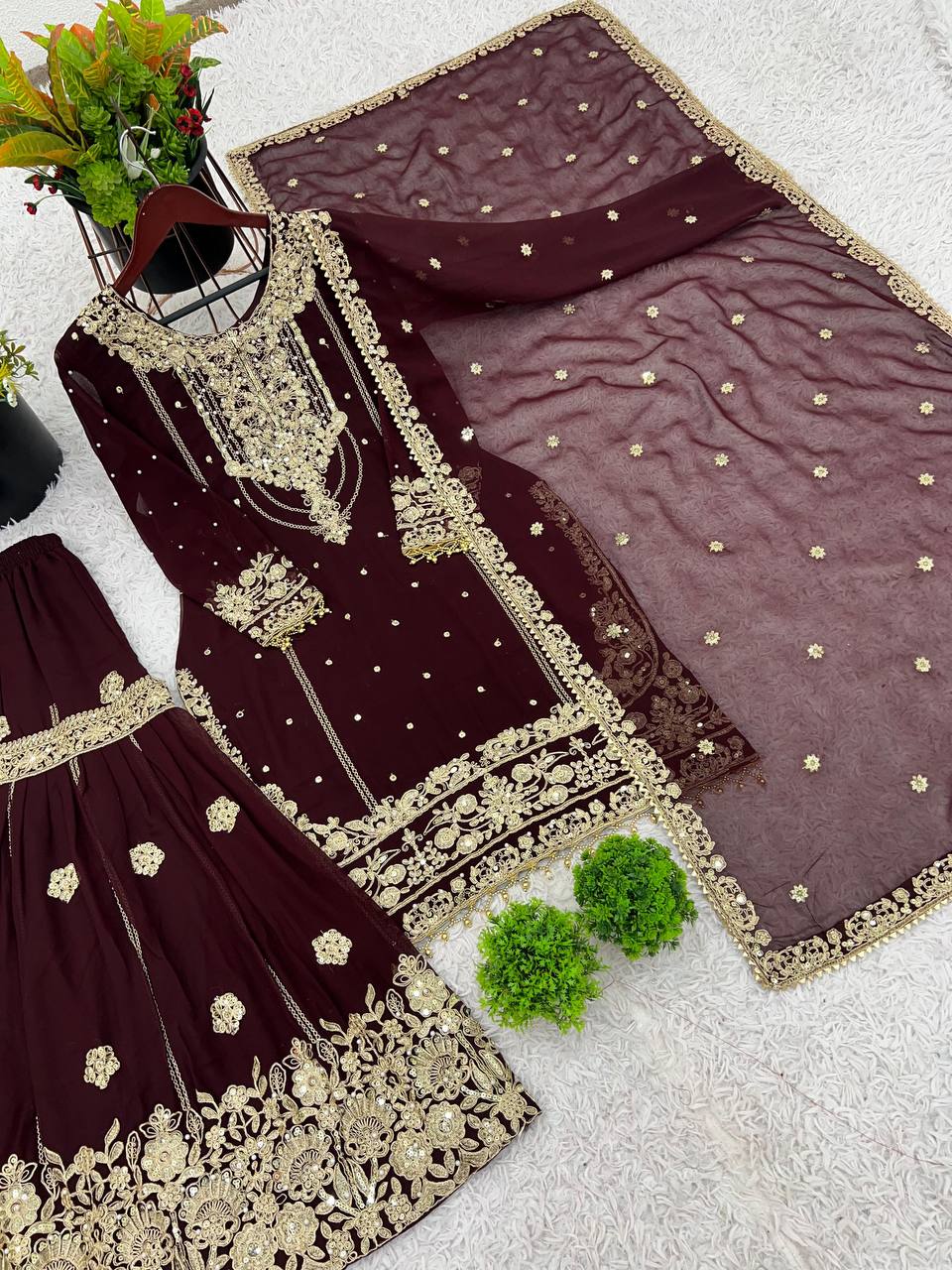 Designer Faux Georgette Top & Plazzo Set with Dupatta – Heavy Embroidery, Dori & Sequence Work