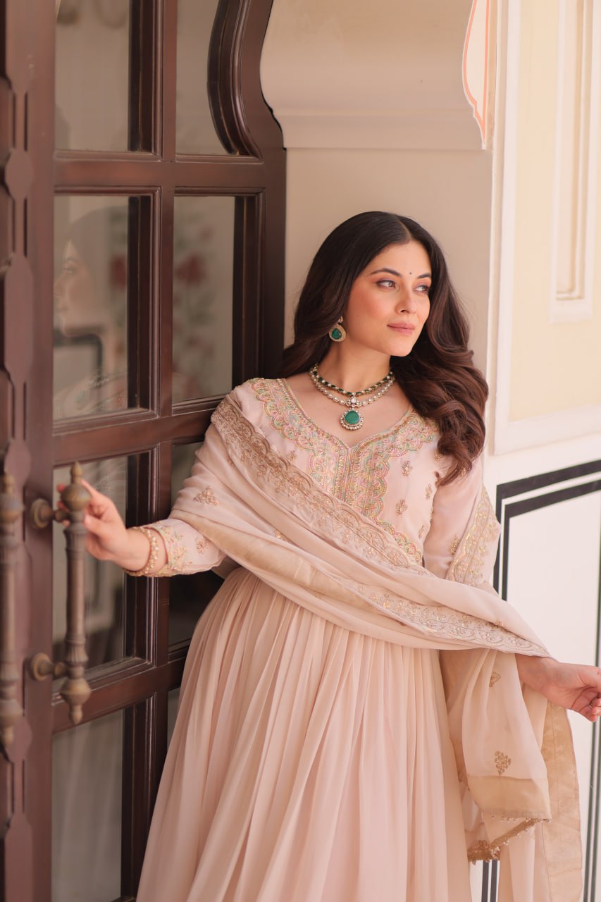 Cream Star Georgette Gown with Dupatta – Beads & Sequins Multi-Embroidery