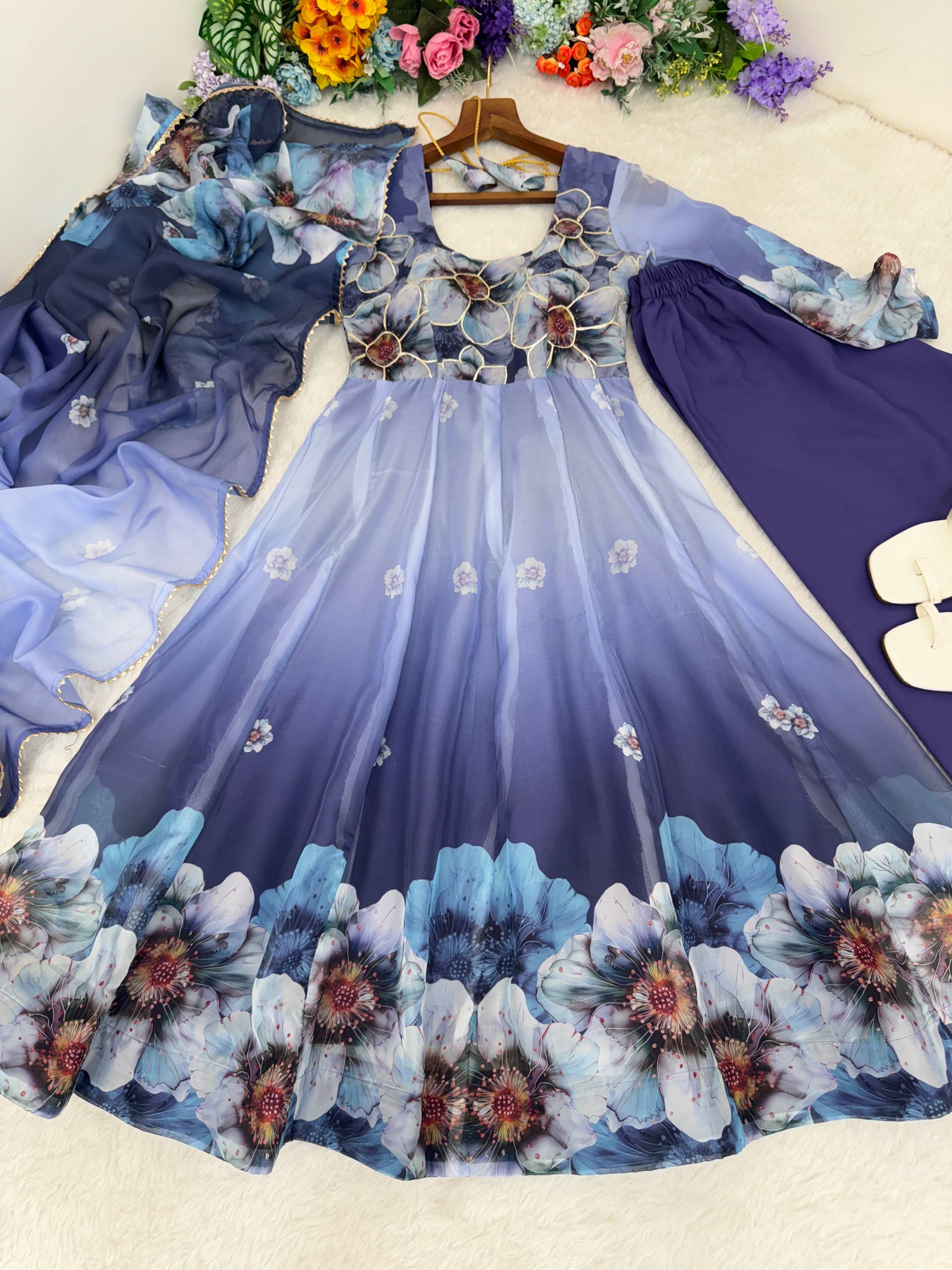 Organza Blue Festival Wear Digital Print Work Readymade Gown