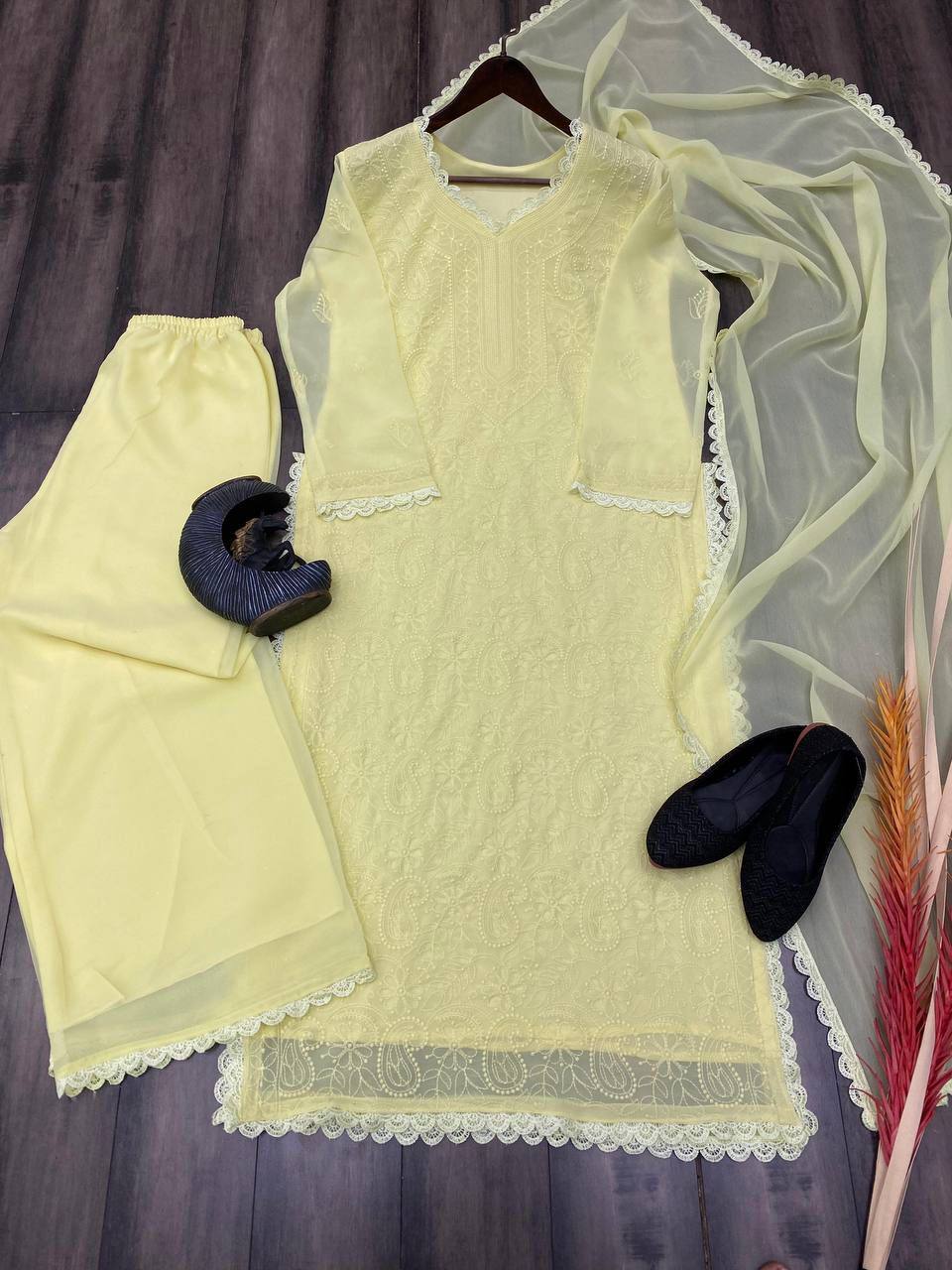 New Canary Yellow Trend Chikankari special Ethnic Set