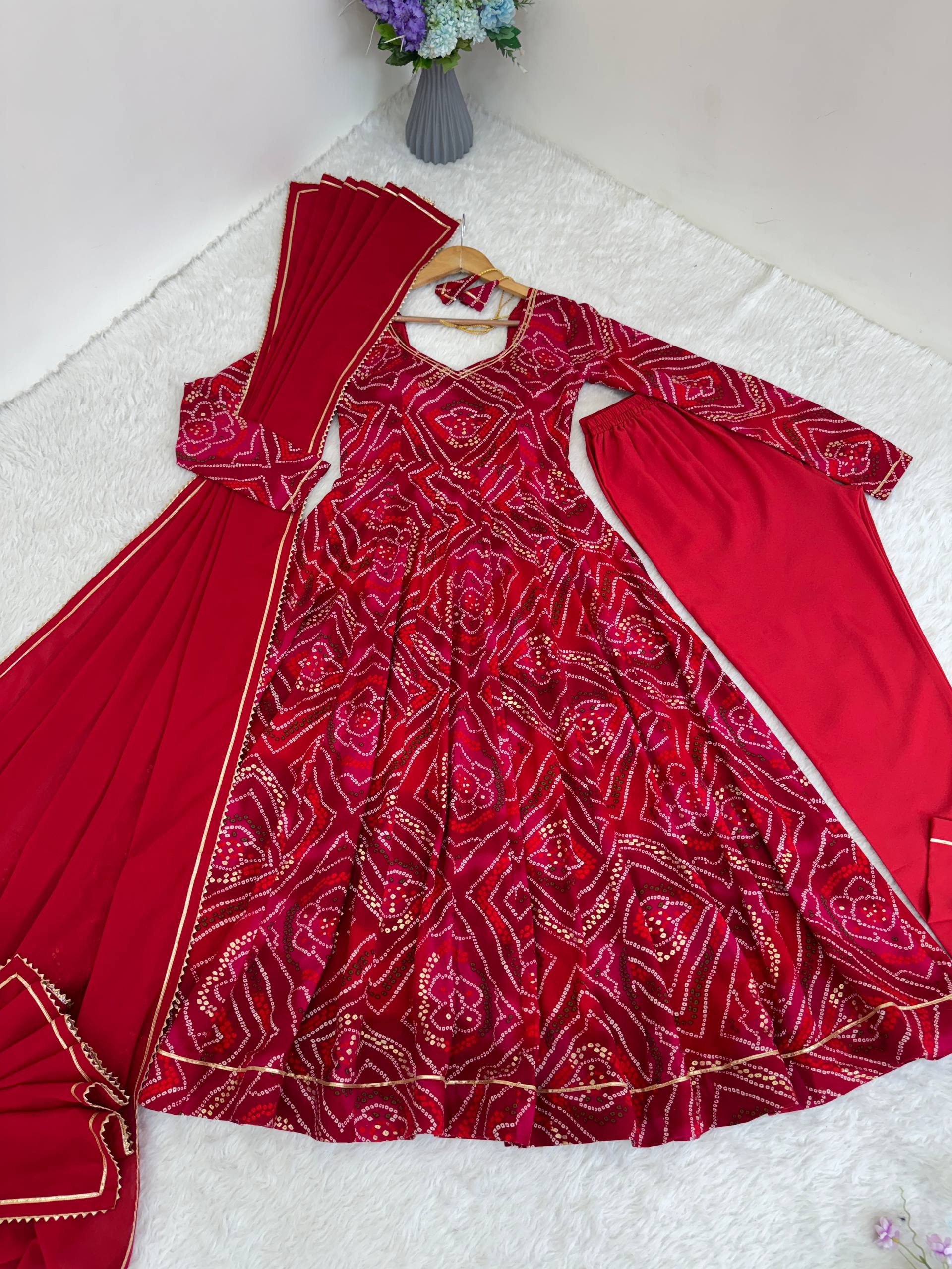 Bandhani Printed Sweetheart Neck Anarkali Kurta With Trousers & Dupatta
