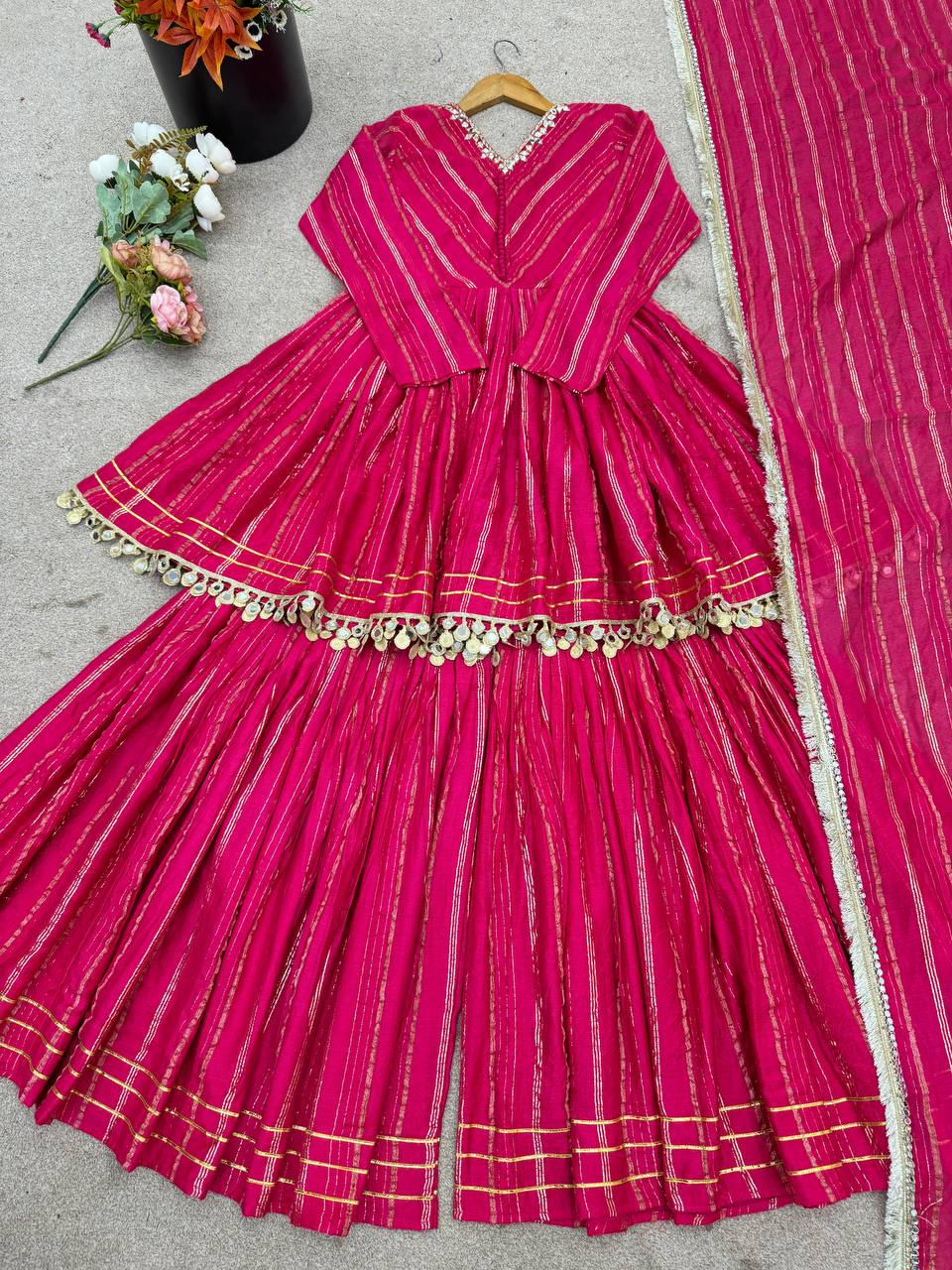 Designer Mal Chanderi Top with Sharara Plazzo & Dupatta – Mirror Work & Hand Embroidery
