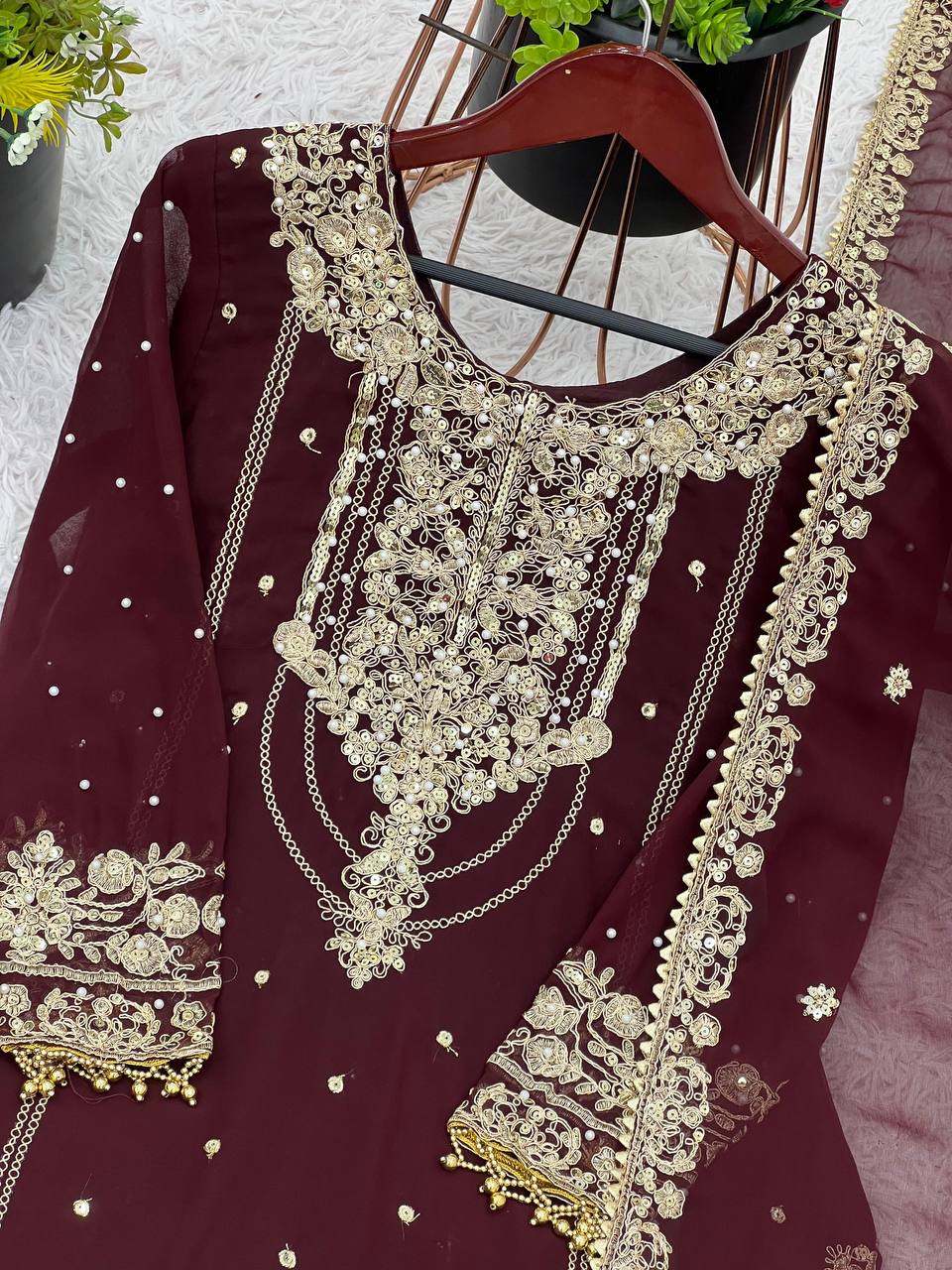 Designer Faux Georgette Top & Plazzo Set with Dupatta – Heavy Embroidery, Dori & Sequence Work